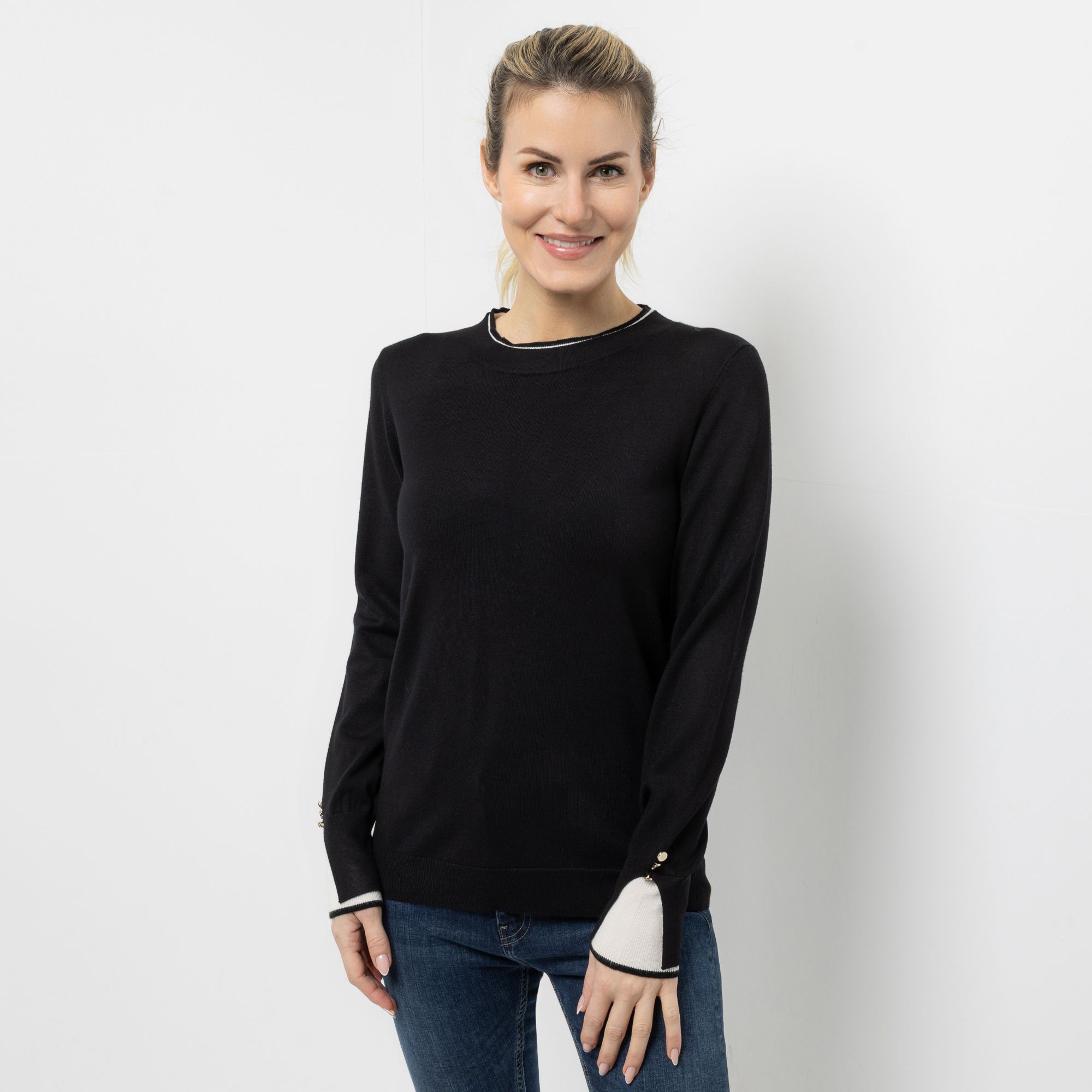 VIA MILANO Pullover, 1/1-Arm Rundhalsausschnitt Kontrast-Details figurbetont