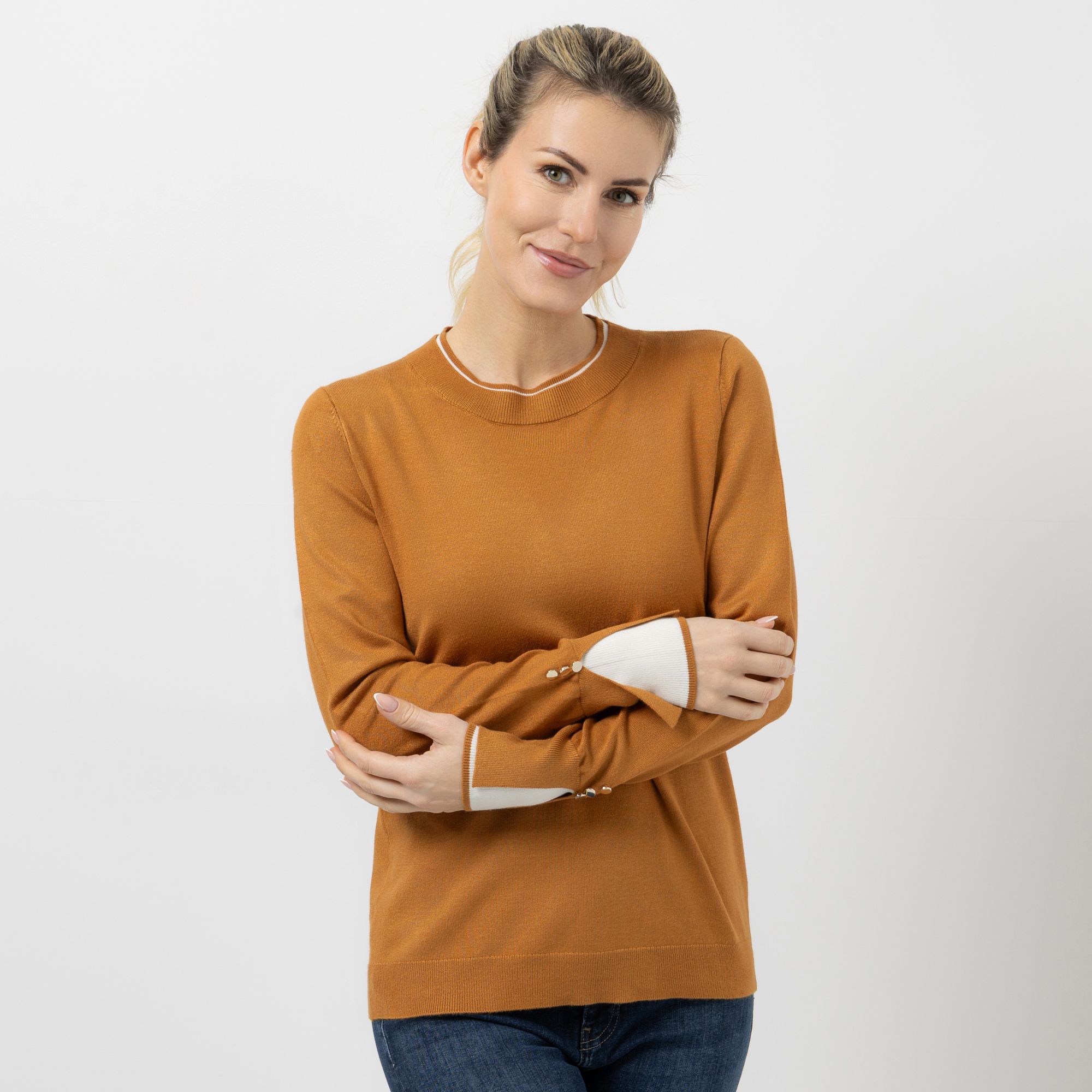 VIA MILANO Pullover, 1/1-Arm Rundhalsausschnitt Kontrast-Details figurbetont