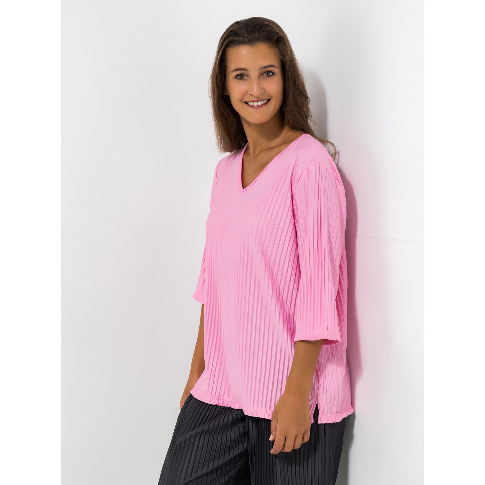 JERYMOOD HOMEWEAR Shirt, 3/4-Arm Mikrofaser V-Ausschnitt Plissee-Optik