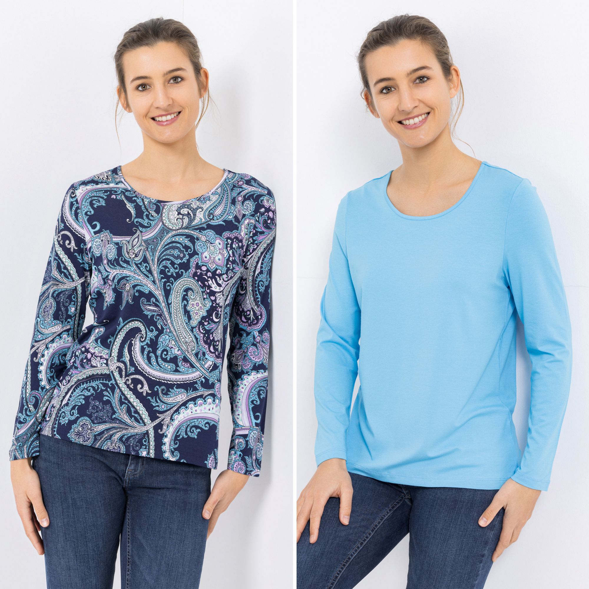 DENIM & CO. 2 Shirts 1/1-Arm Rundhalsausschnitt uni und bedruckt