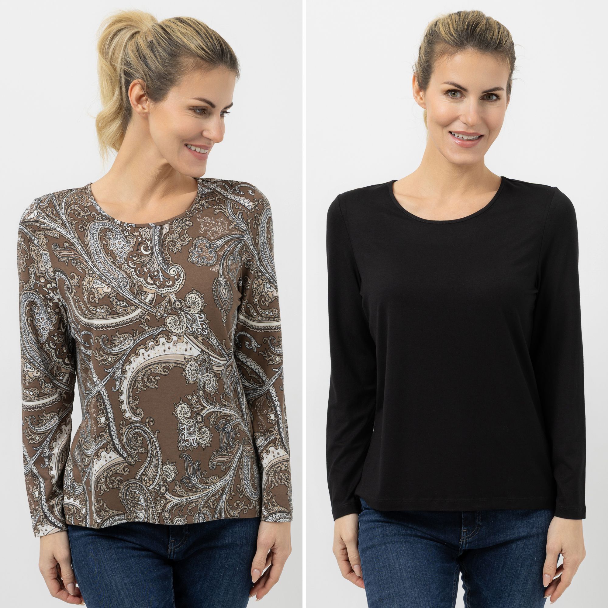 DENIM & CO. 2 Shirts 1/1-Arm Rundhalsausschnitt uni und bedruckt