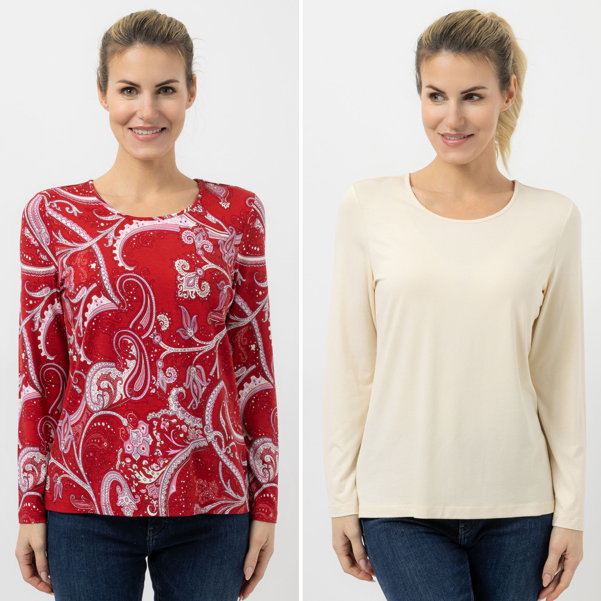 DENIM & CO. 2 Shirts 1/1-Arm Rundhalsausschnitt uni und bedruckt