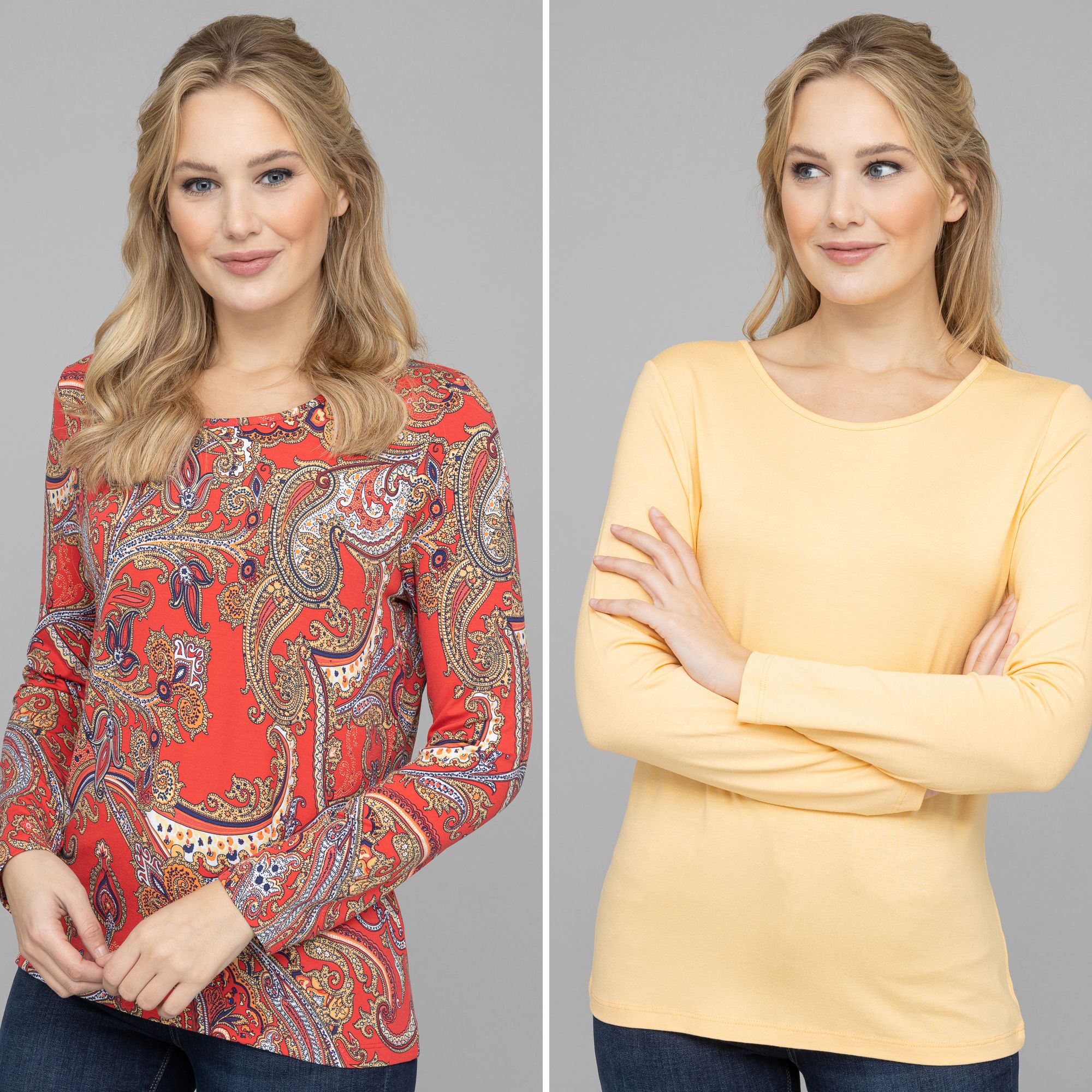 DENIM & CO. 2 Shirts 1/1-Arm Rundhalsausschnitt uni und bedruckt