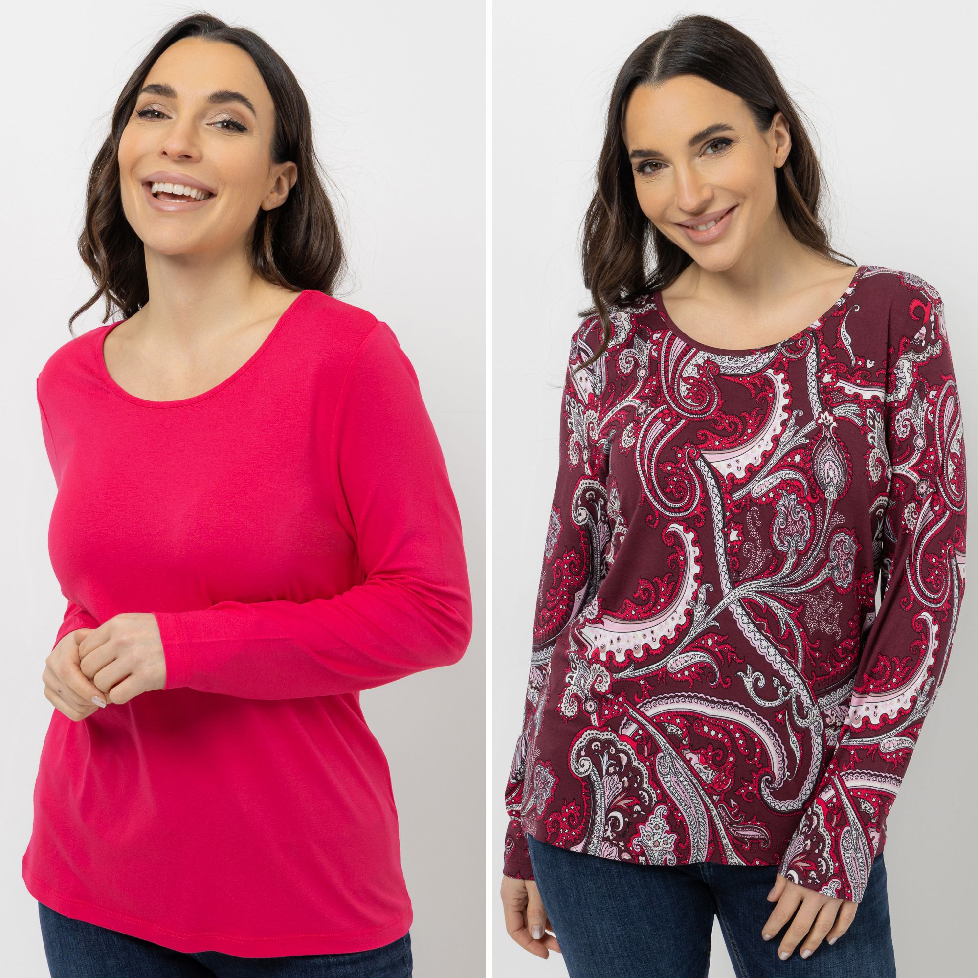 DENIM & CO. 2 Shirts 1/1-Arm Rundhalsausschnitt uni und bedruckt