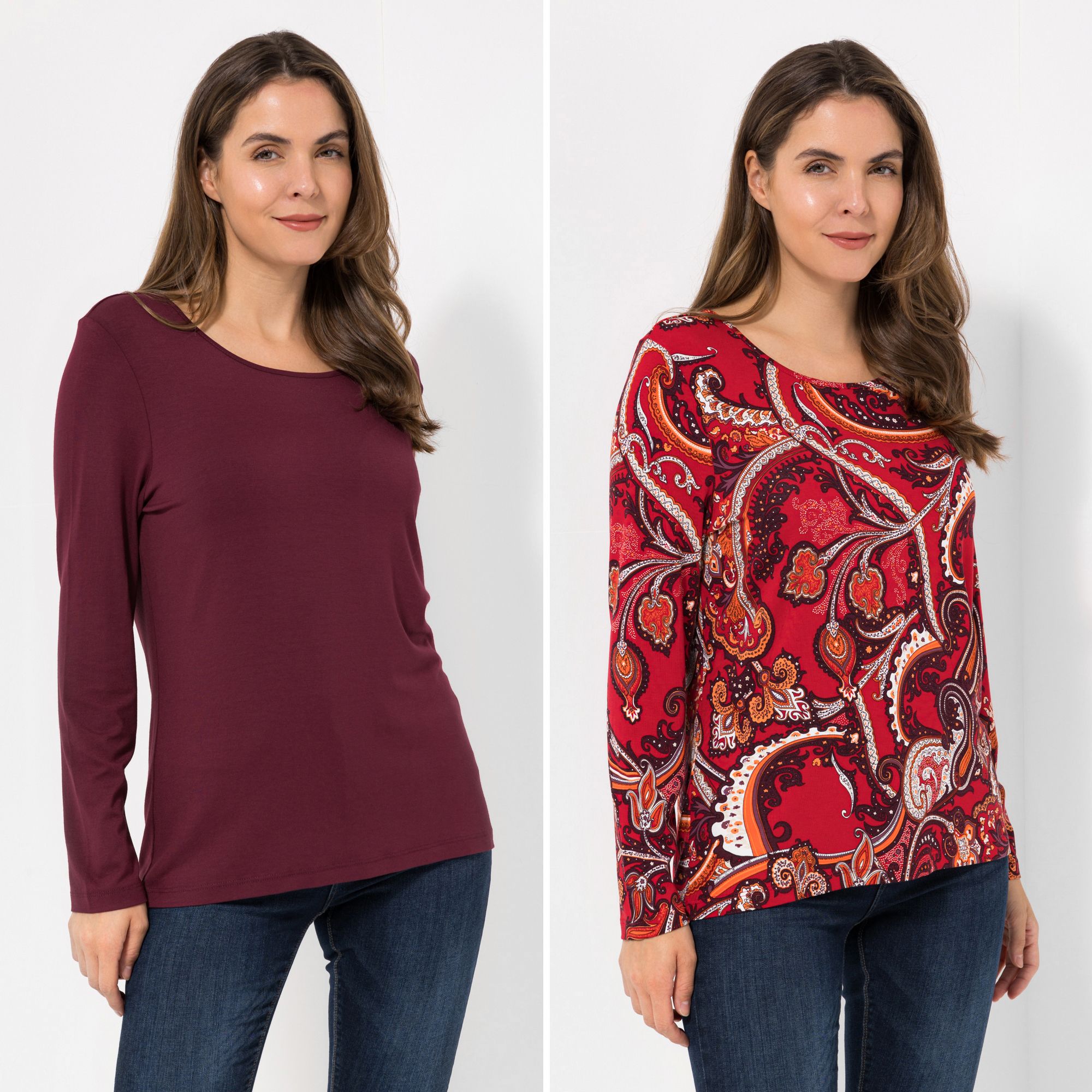 DENIM & CO. 2 Shirts 1/1-Arm Rundhalsausschnitt uni und bedruckt