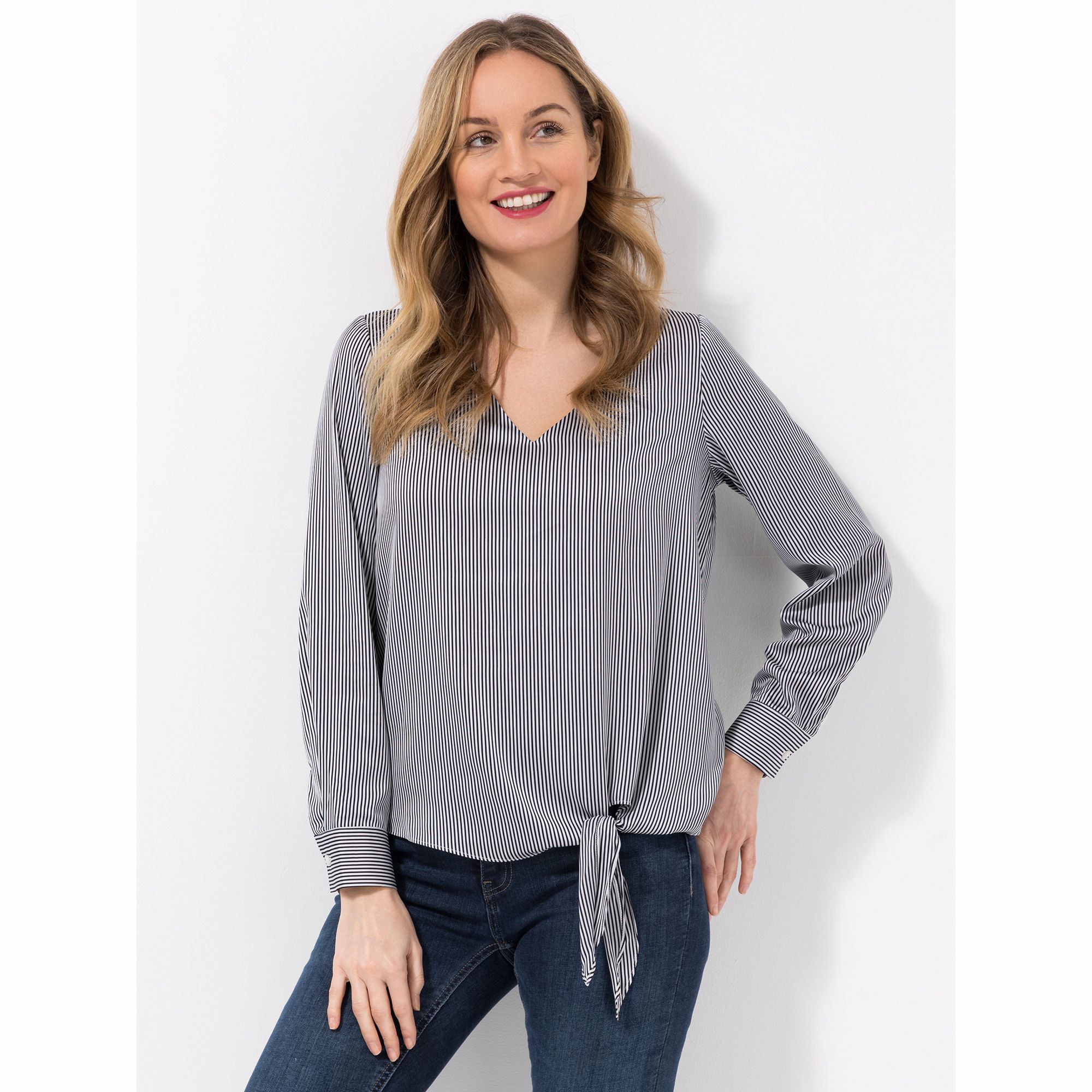 VIA MILANO Bluse, 1/1-Arm V-Ausschnitt Knotendetail Manschette