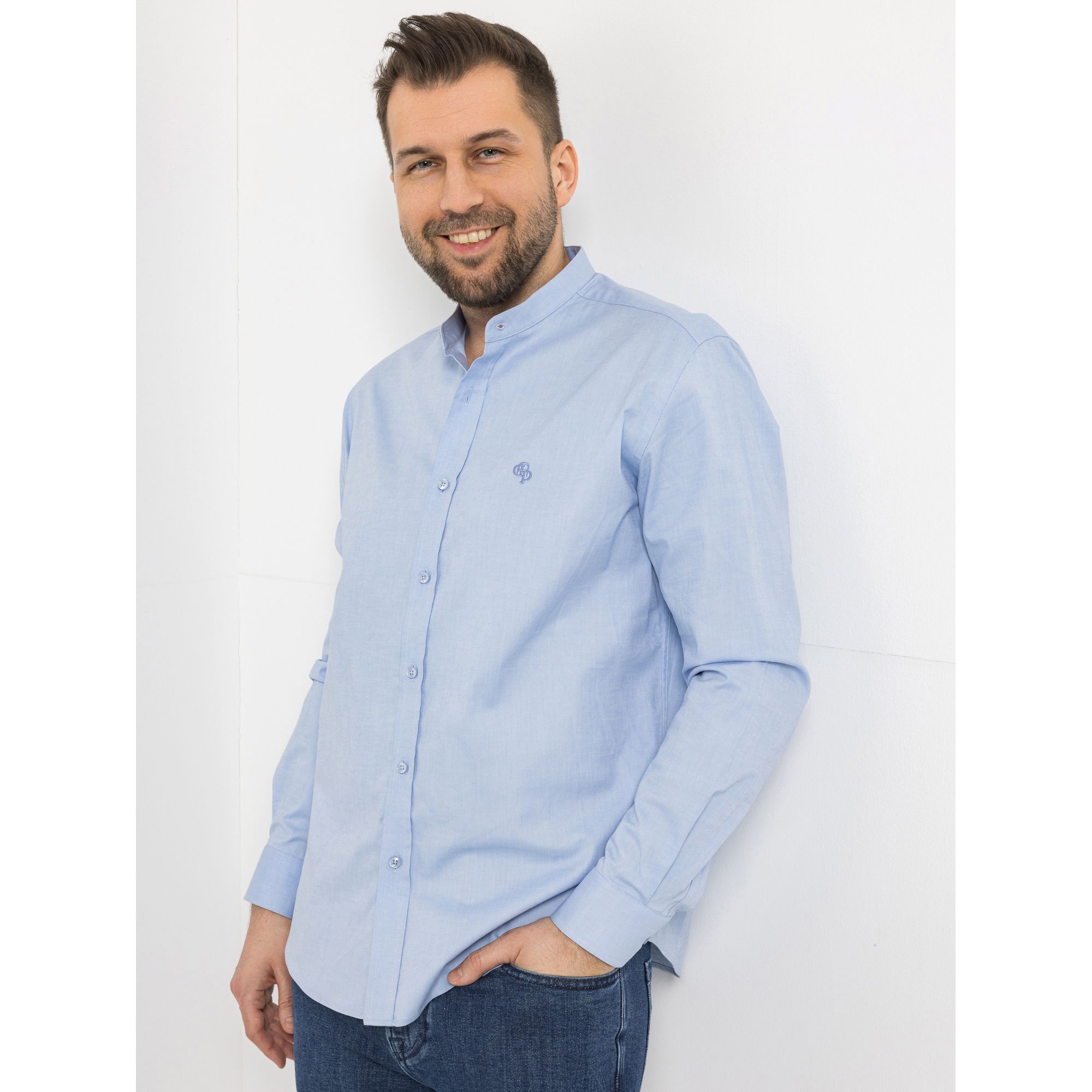 AMINATI® Herren-Hemd,1/1-Arm Stehkragen Knopfleiste Logo-Stickerei