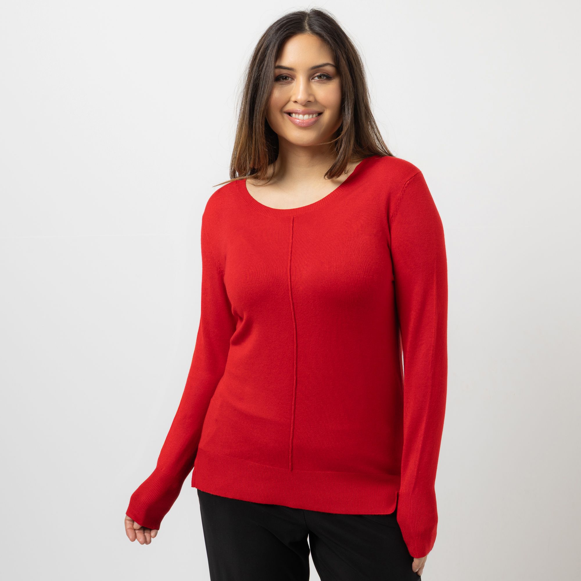 DENIM & CO. Pullover, 1/1-Arm Rundhalsausschnitt Seitenschlitze Ziernaht