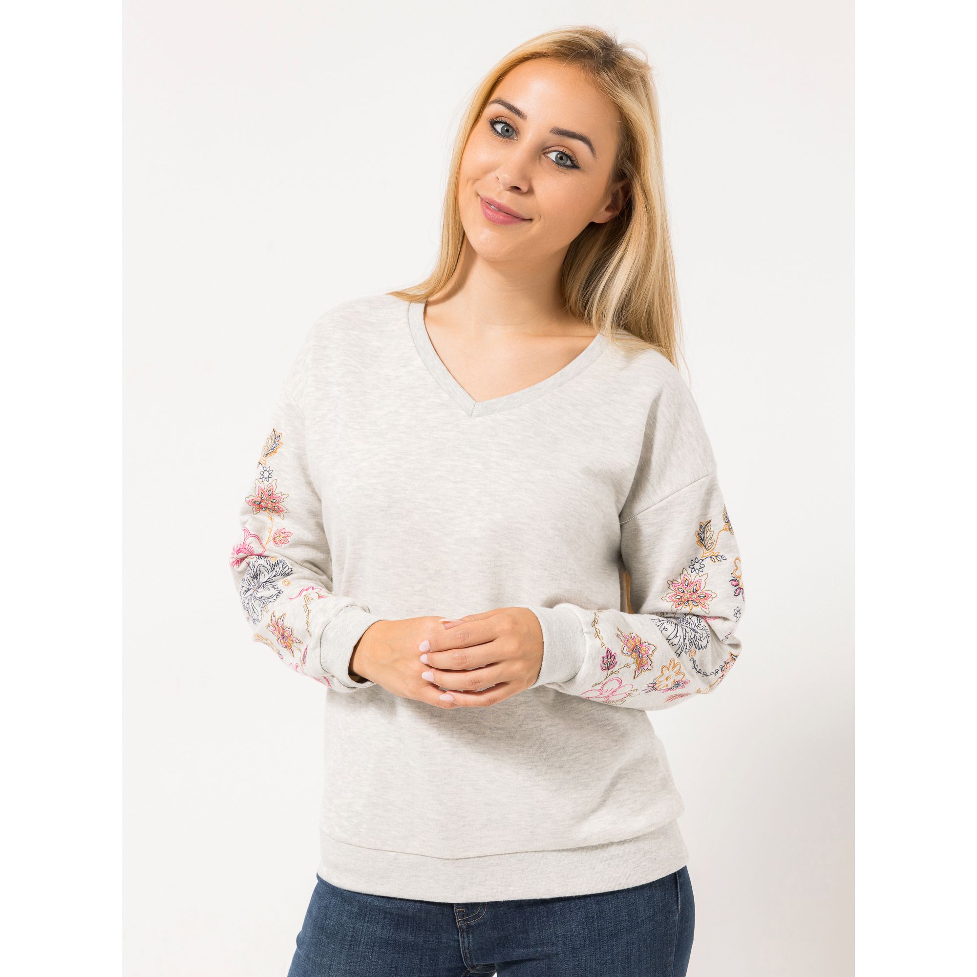 LYLA Sweatshirt, 1/1-Arm V-Ausschnitt Rippbündchen Kontrast-Stickereien