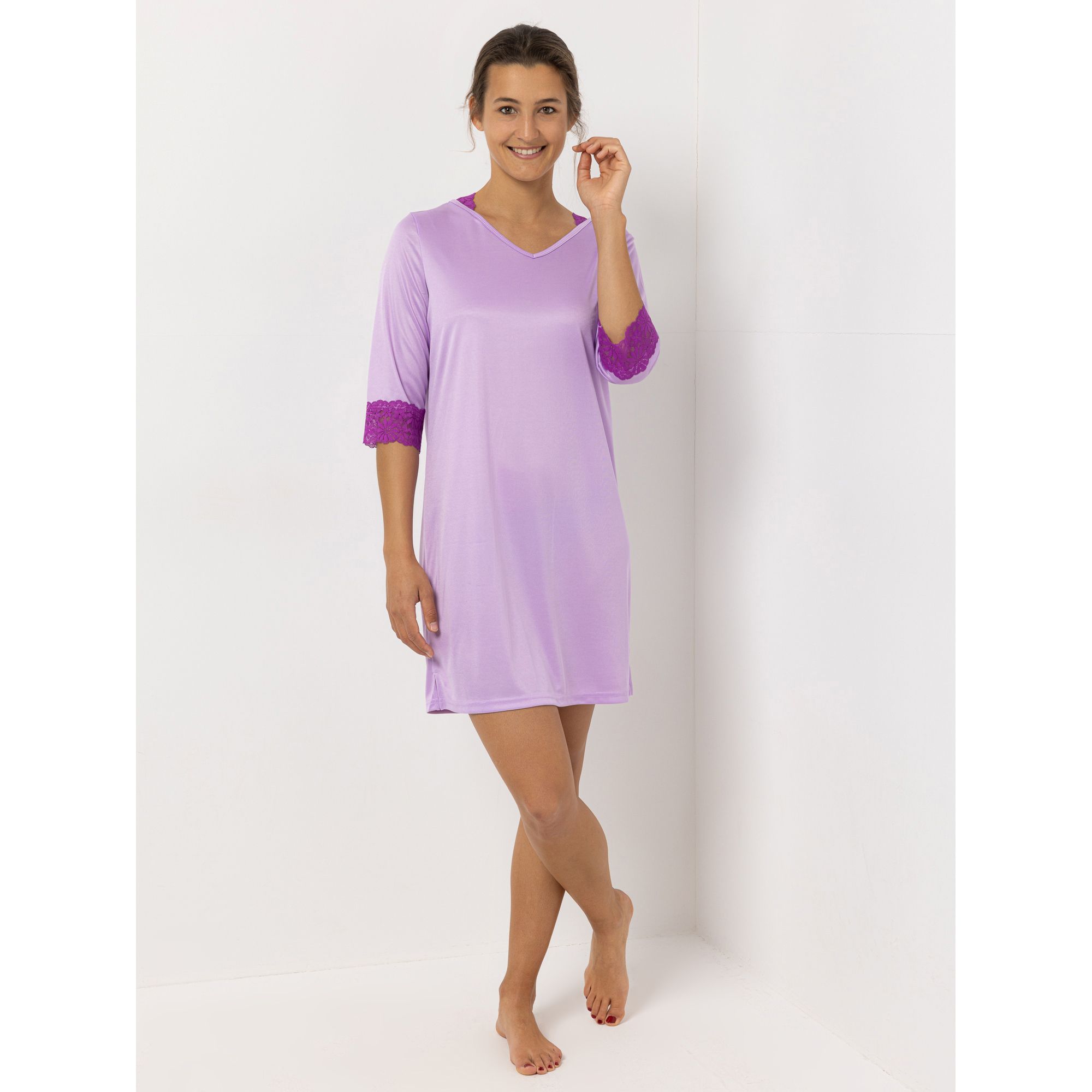 LITTLE ROSE Nachthemd, 3/4-Arm Mikrofaser V-Ausschnitt Spitzendetails