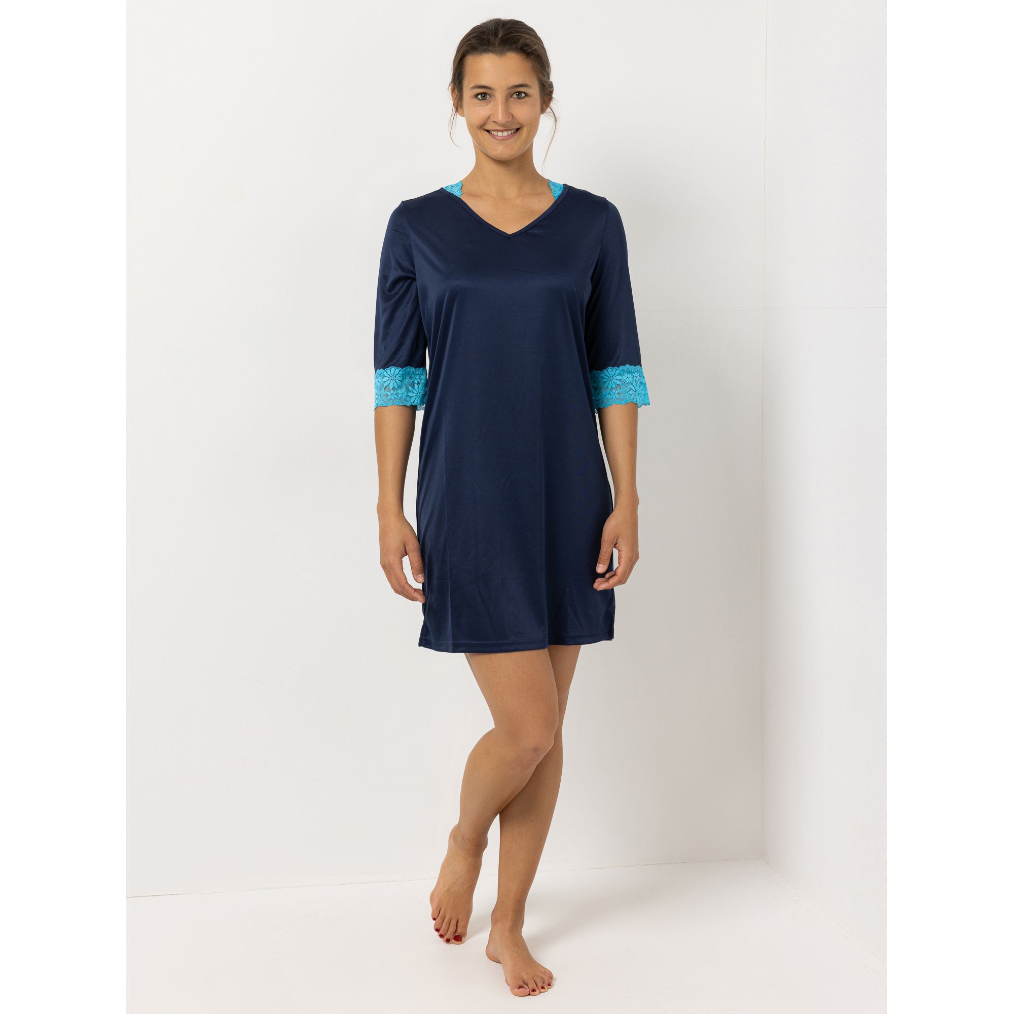 LITTLE ROSE Nachthemd, 3/4-Arm Mikrofaser V-Ausschnitt Spitzendetails