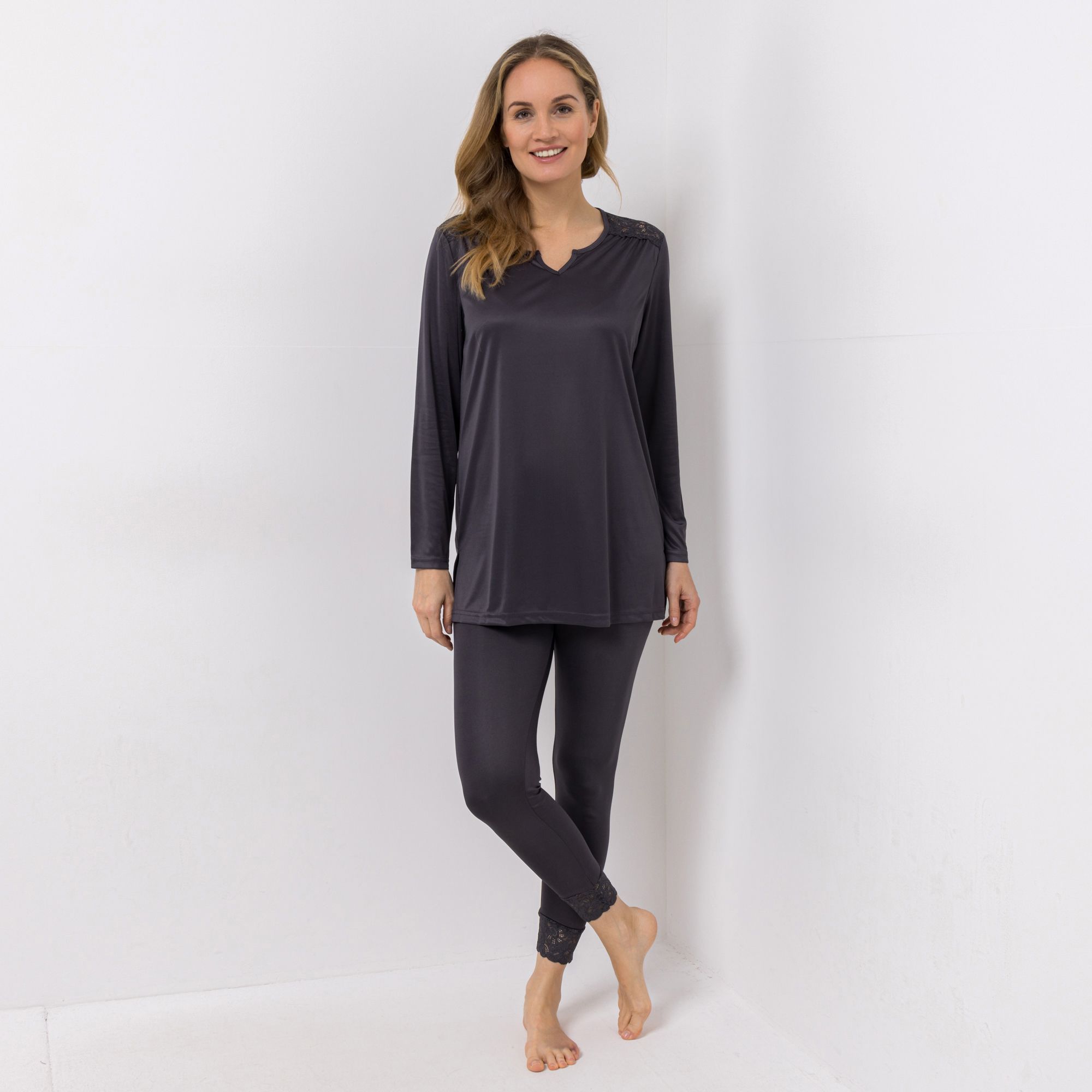 LITTLE ROSE Pyjama, 1/1-Arm Longshirt Spitzendetail Leggings 1/1-Länge