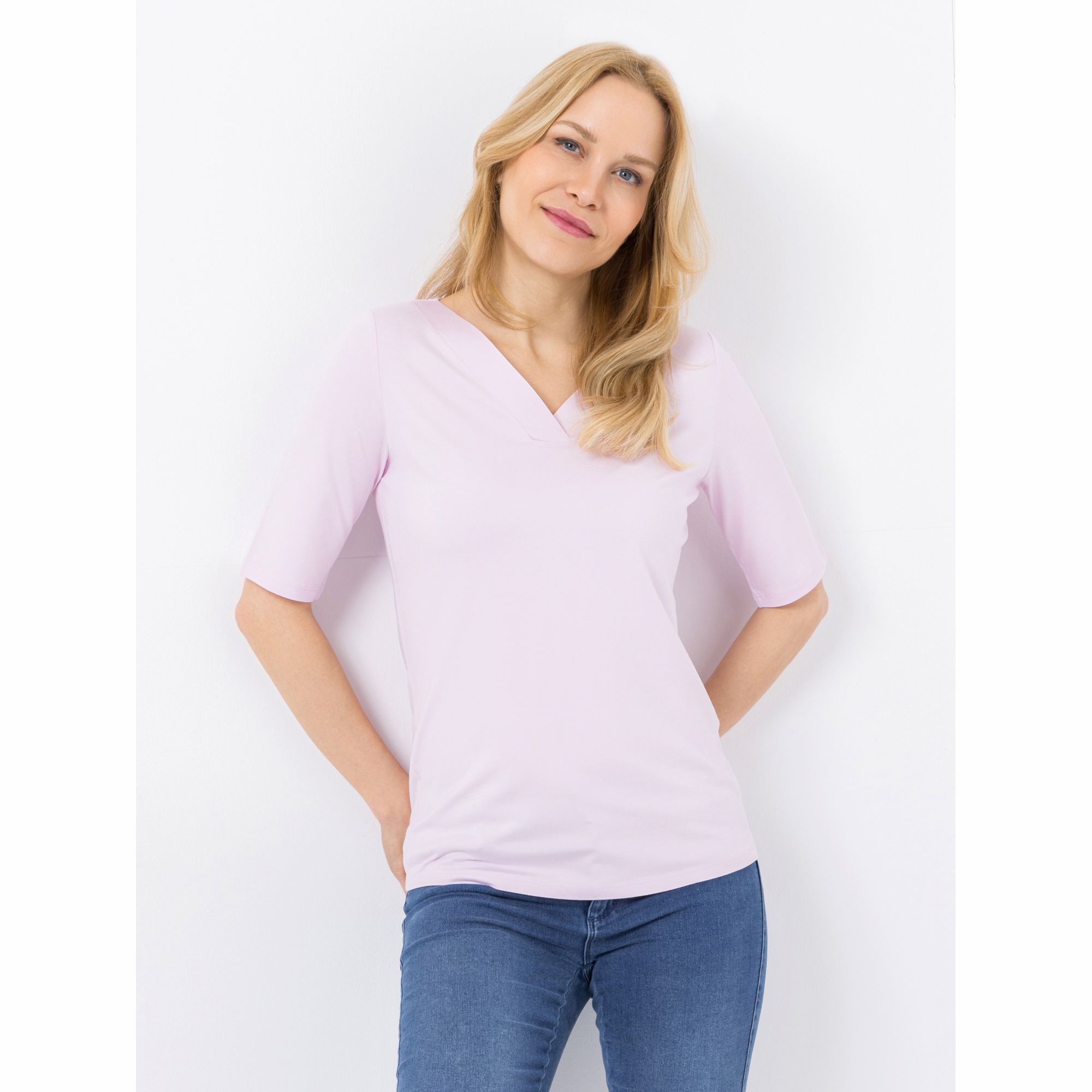 VIA MILANO Shirt, 1/2-Arm V-Ausschnitt in Satin-Optik figurumspielend