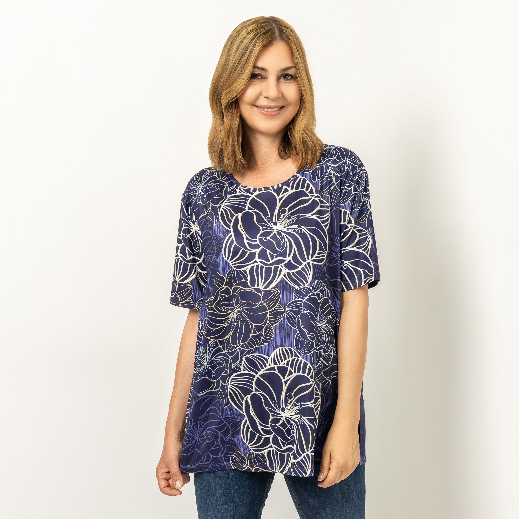IN-PRINT Shirt, 1/2-Arm Rundhalsausschnitt Seitenschlitze bedruckt
