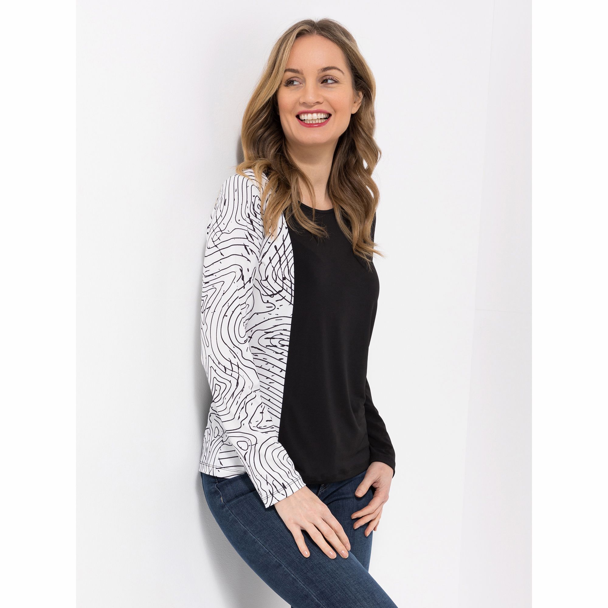 VIA MILANO Shirt, 1/1-Arm Rundhalsausschnitt Kontrasteinsatz Rundhalsausschnitt