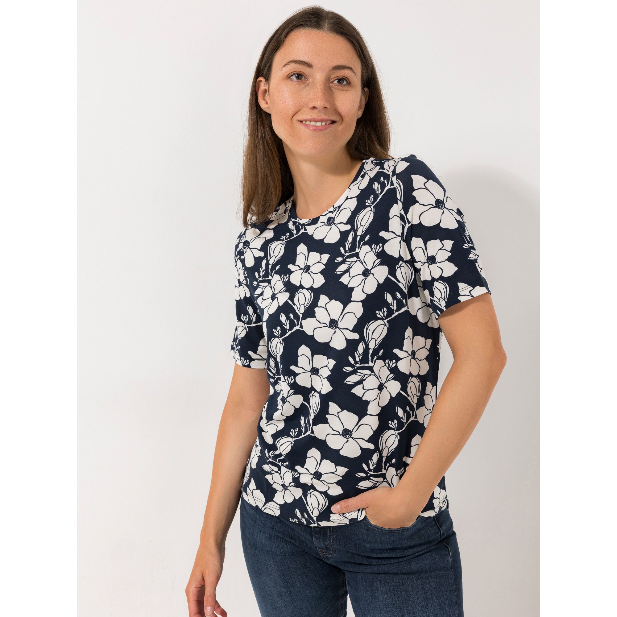 DENIM & CO. Shirt, 1/2-Arm Rundhalsausschnitt Blumen Print figurumspielend