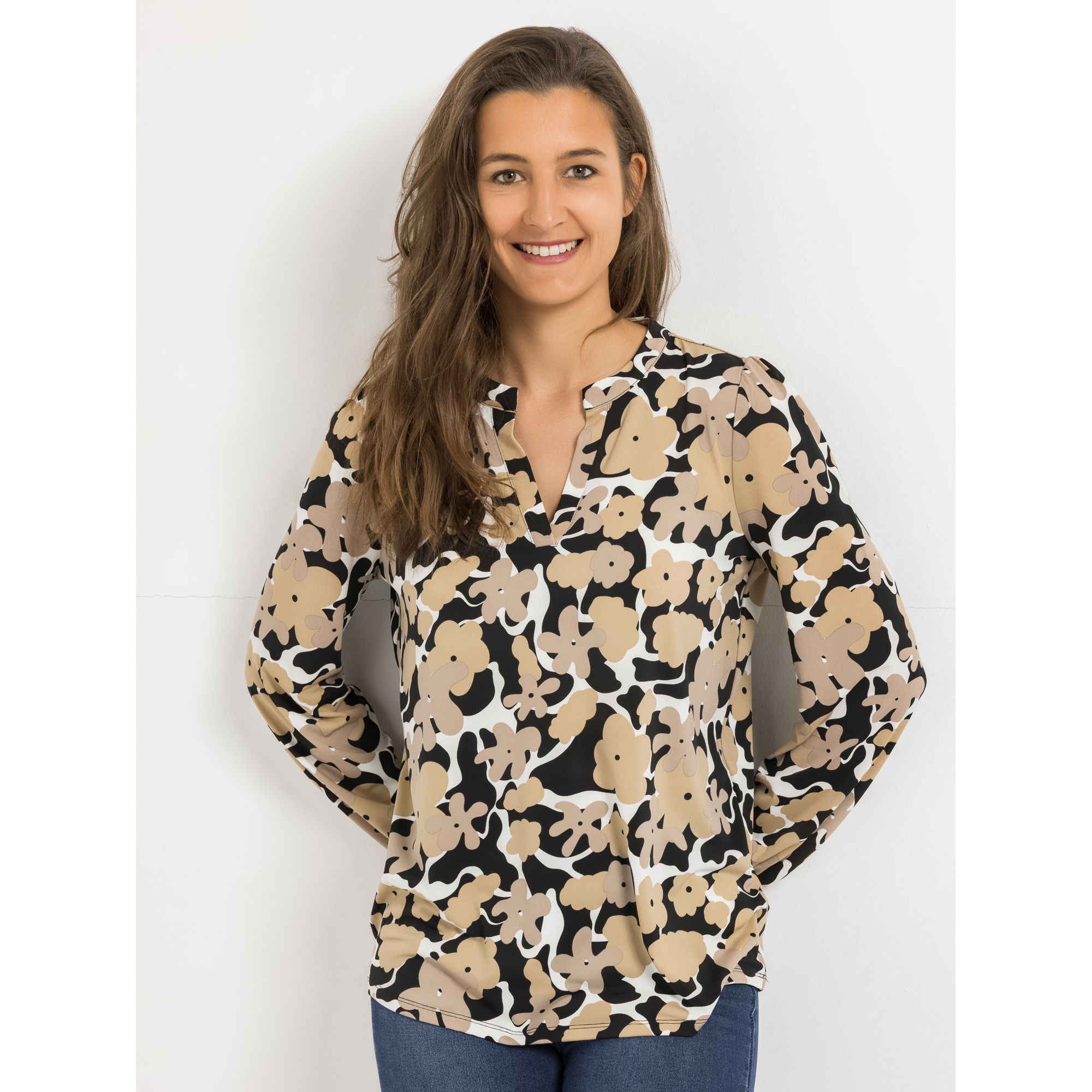 VIA MILANO Shirt, 1/1-Arm Serafino-Ausschnitt elastischer Ärmelsaum leger weit