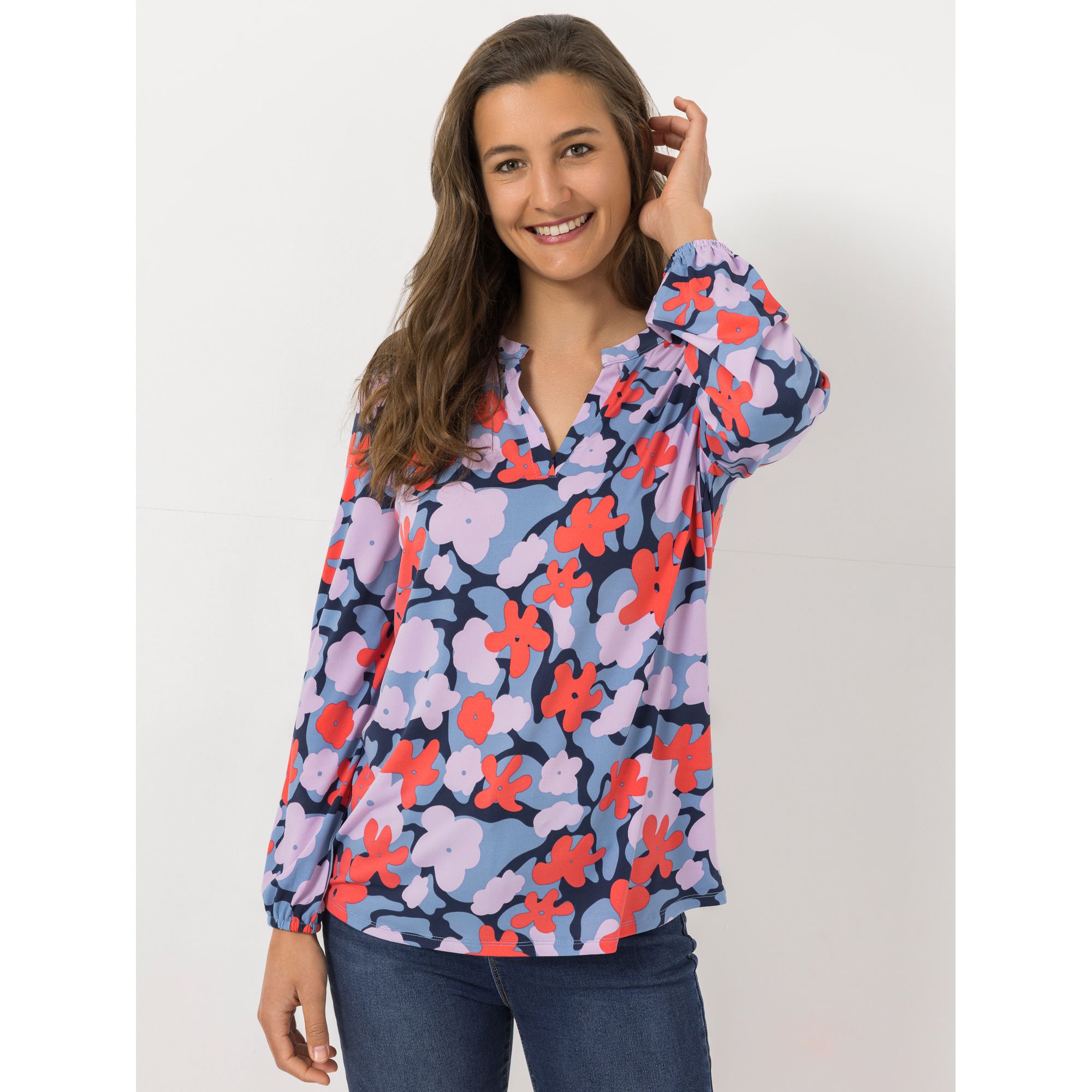 VIA MILANO Shirt, 1/1-Arm Serafino-Ausschnitt elastischer Ärmelsaum leger weit