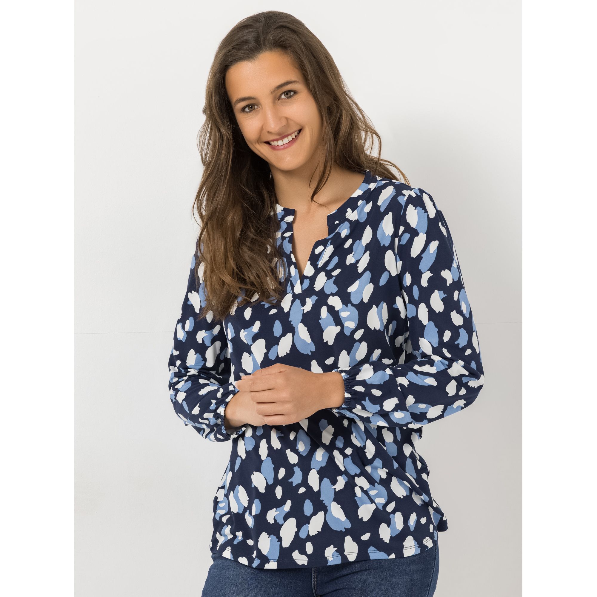 VIA MILANO Shirt, 1/1-Arm Serafino-Ausschnitt elastischer Ärmelsaum leger weit