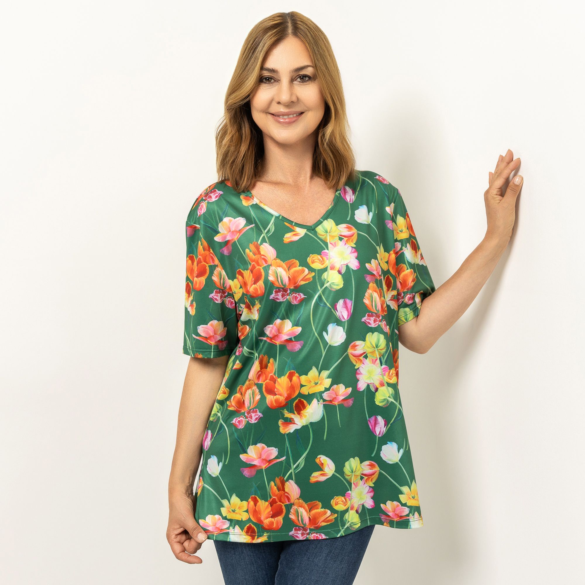 IN-PRINT Shirt, 1/2-Arm V-Ausschnitt Seitenschlitze bedruckt