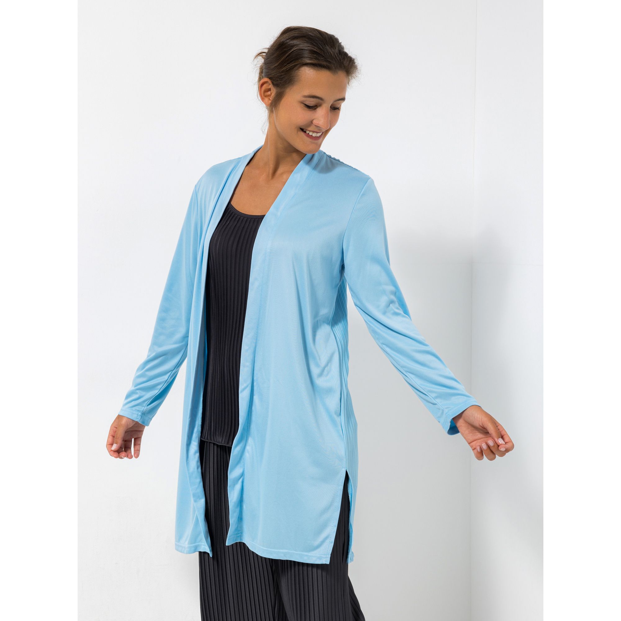 JERYMOOD HOMEWEAR Longcardigan, 1/1-Arm Mikrofaser Seitenschlitze hinten Plissee