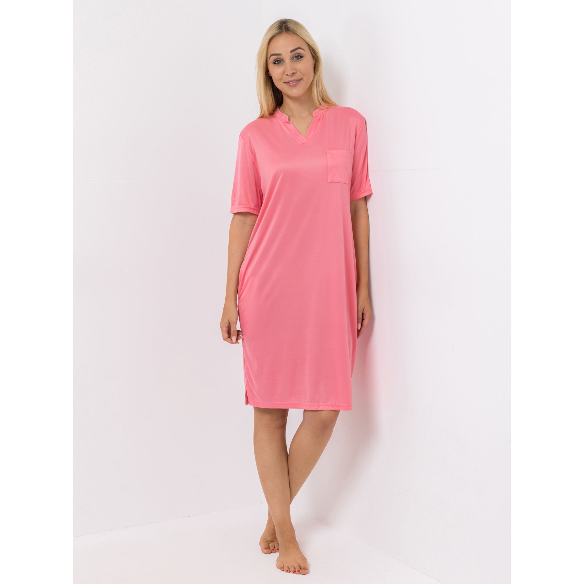 JERYMOOD HOMEWEAR Kleid, 1/2-Arm Mikrofaser Zierausschnitt Brusttasche