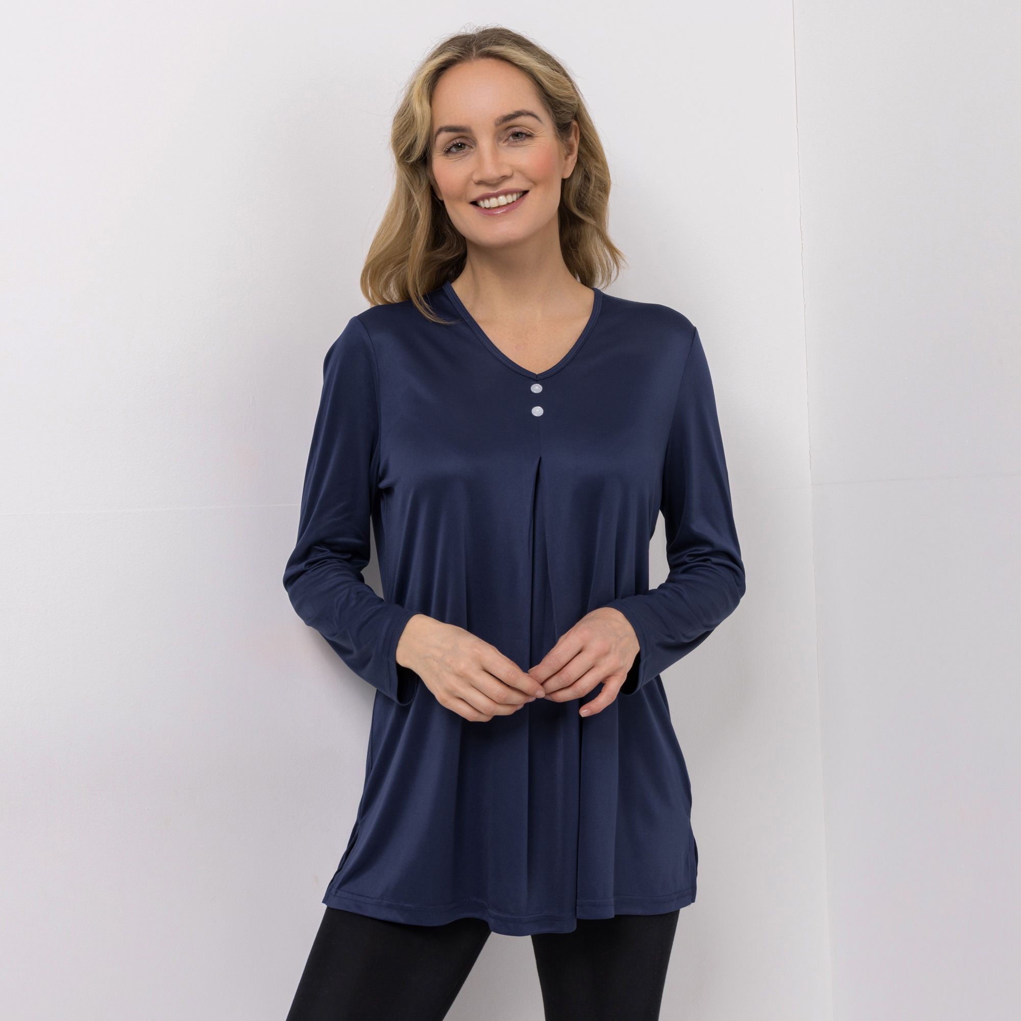 JERYMOOD HOMEWEAR Longshirt, 1/1 Arm V-Ausschnitt Zierknöpfe Seitenschlitzen