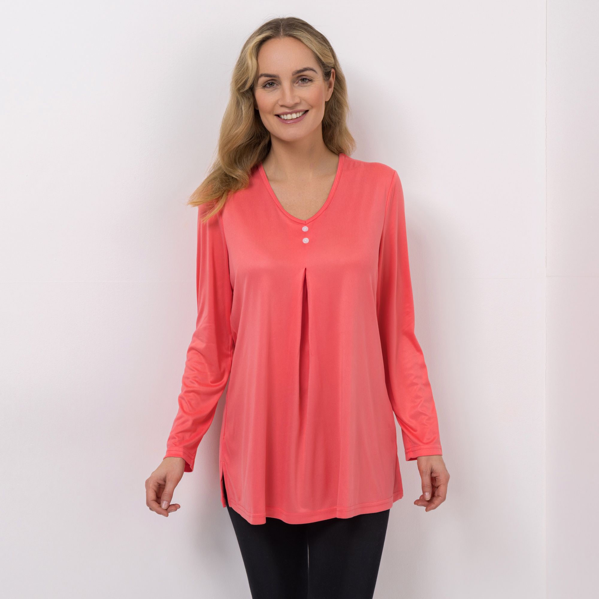 JERYMOOD HOMEWEAR Longshirt, 1/1 Arm V-Ausschnitt Zierknöpfe Seitenschlitzen