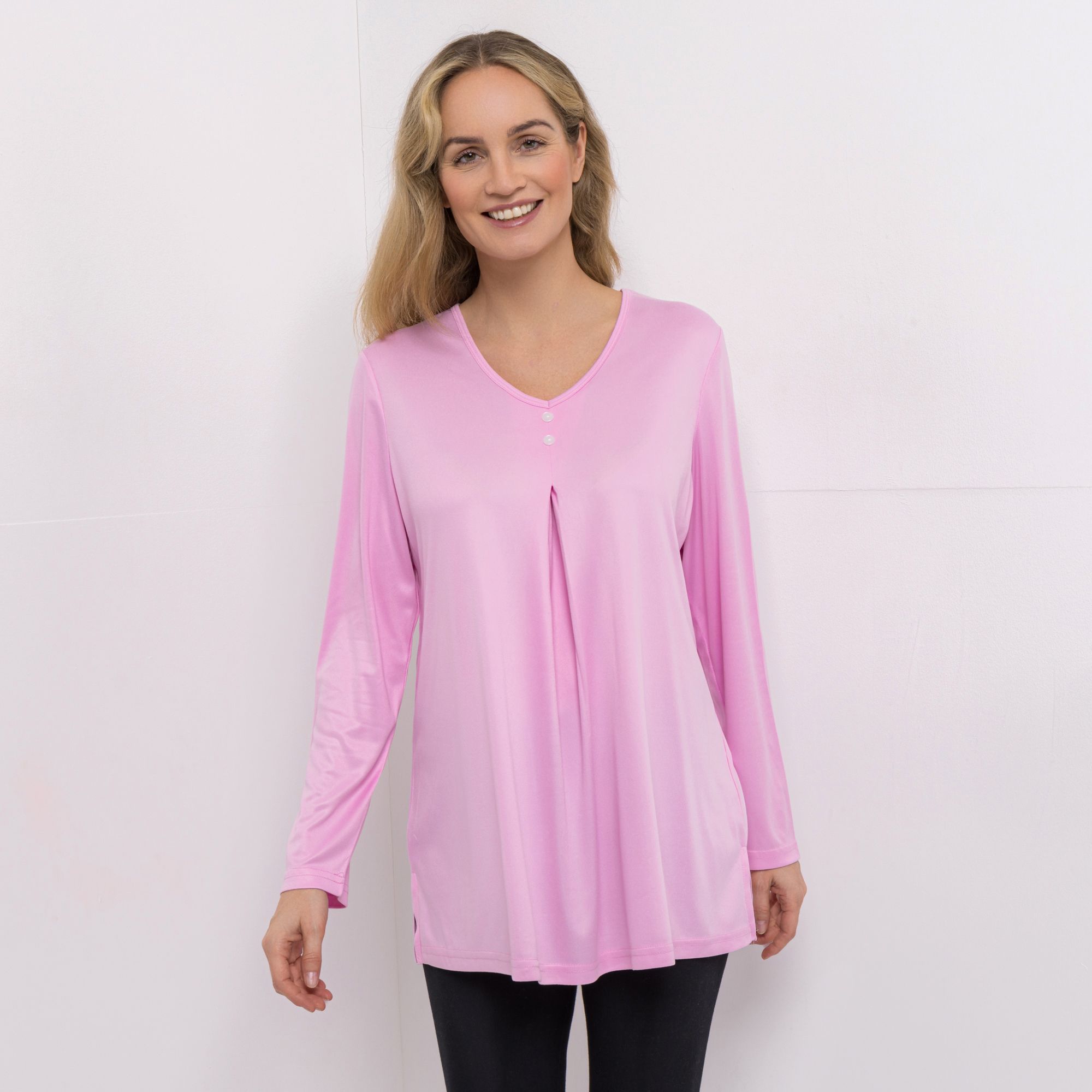 JERYMOOD HOMEWEAR Longshirt, 1/1 Arm V-Ausschnitt Zierknöpfe Seitenschlitzen