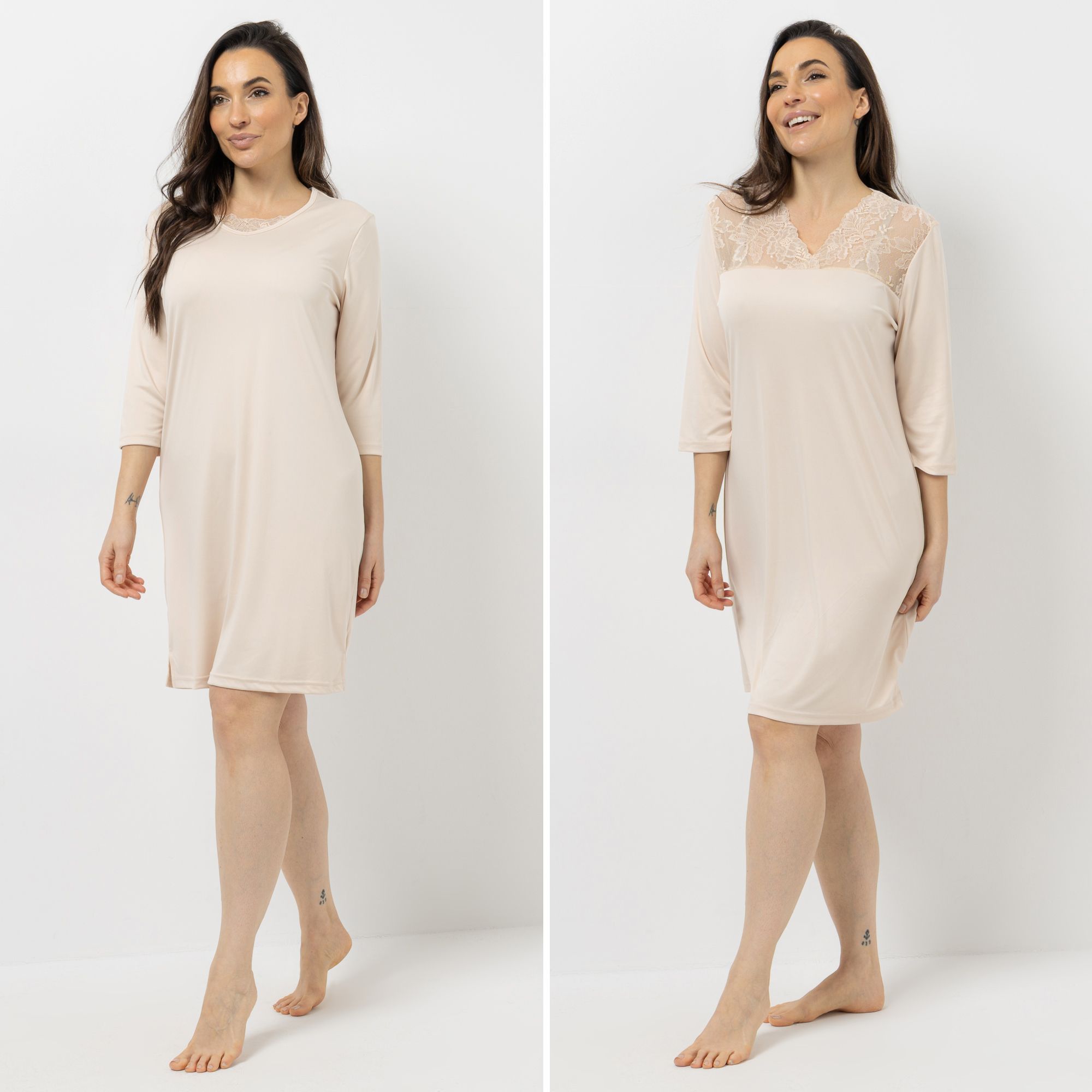 LITTLE ROSE 2 Bigshirts, 3/4-Arm Mikrofaser V-Ausschnitt mit Spitzendetails