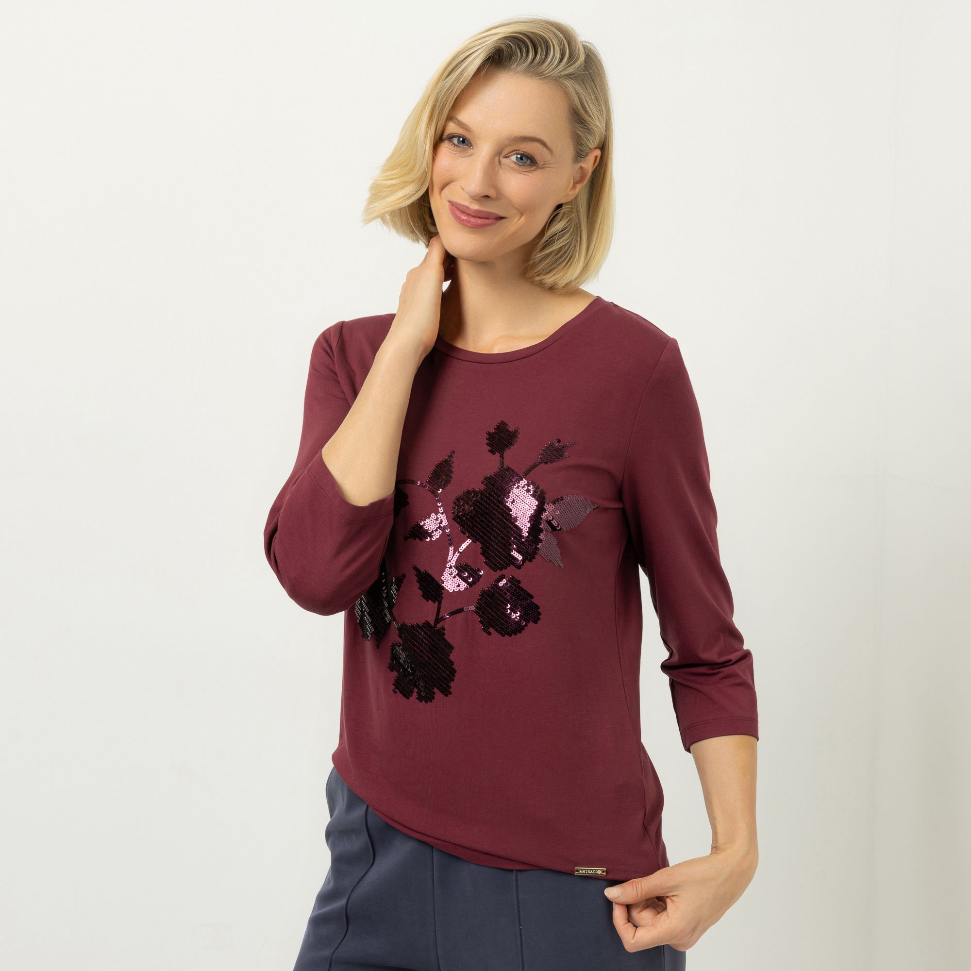 AMINATI® Shirt, 1/2-Arm Rundhalsausschnitt Pailletten-Details Logo-Details
