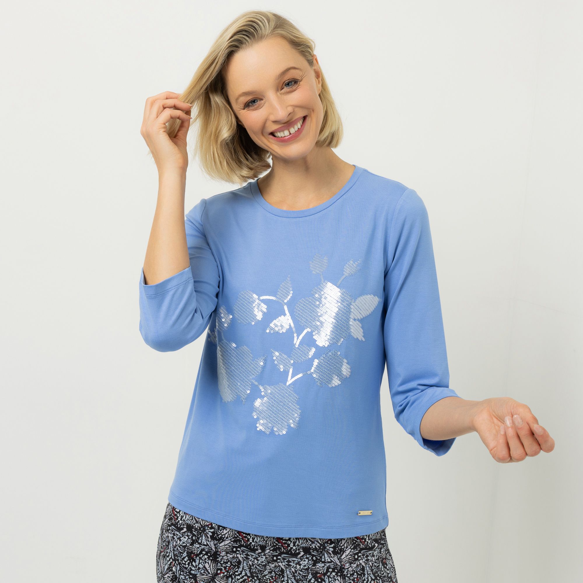 AMINATI® Shirt, 1/2-Arm Rundhalsausschnitt Pailletten-Details Logo-Details