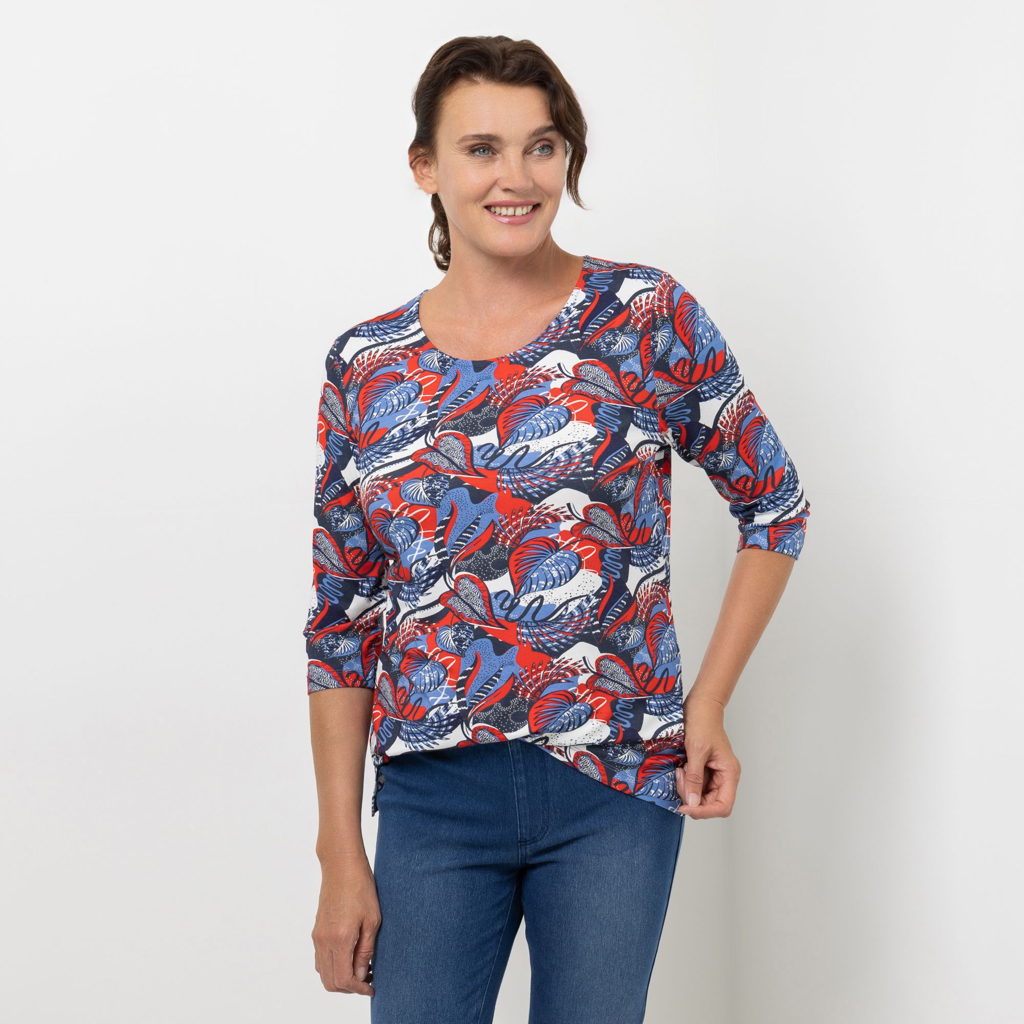 DENIM & CO. Shirt, 3/4-Arm Rundhalsausschnitt Seitenschlitze Allover-Druck