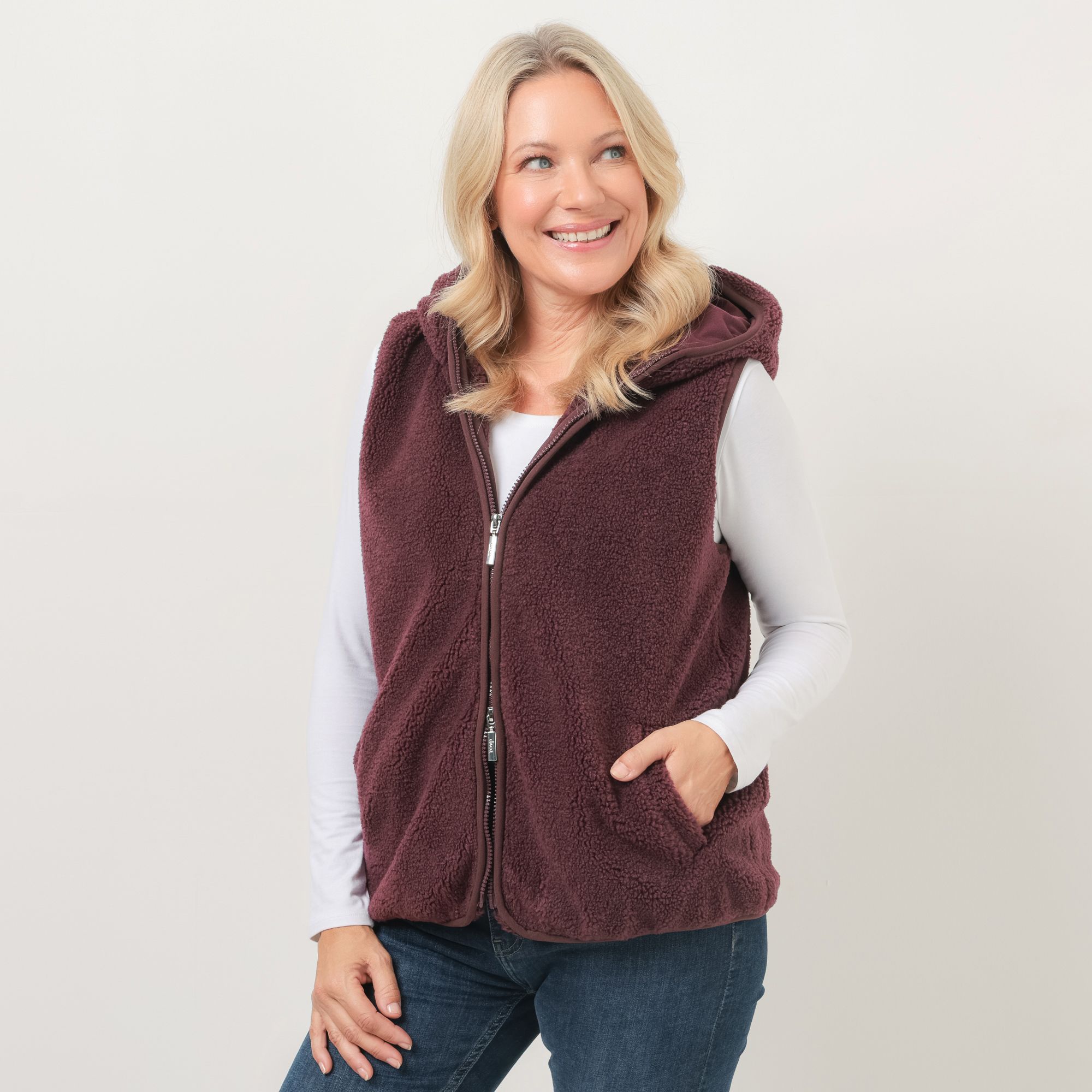 DENIM & CO. Weste Teddy-Optik Kapuze 2-Wege-Reißverschluss