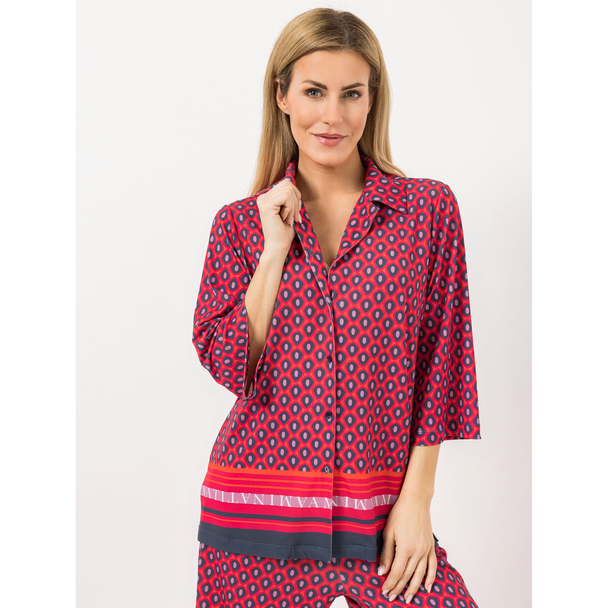 AMINATI® Jerseybluse 3/4-Arm Knopfleiste Geometrie-Druck leger weit