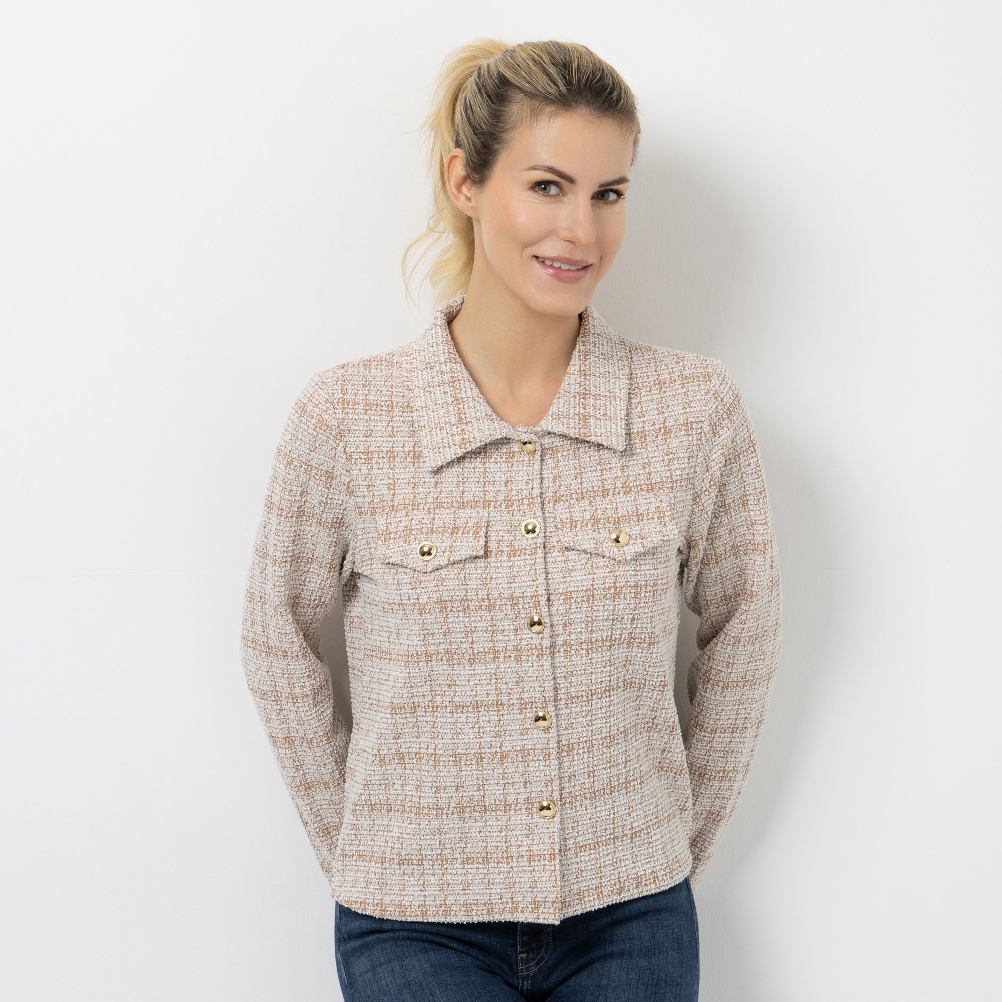 VIA MILANO Strickblazer, 1/1-Arm Polokragen Glanzgarn-Details ungefüttert