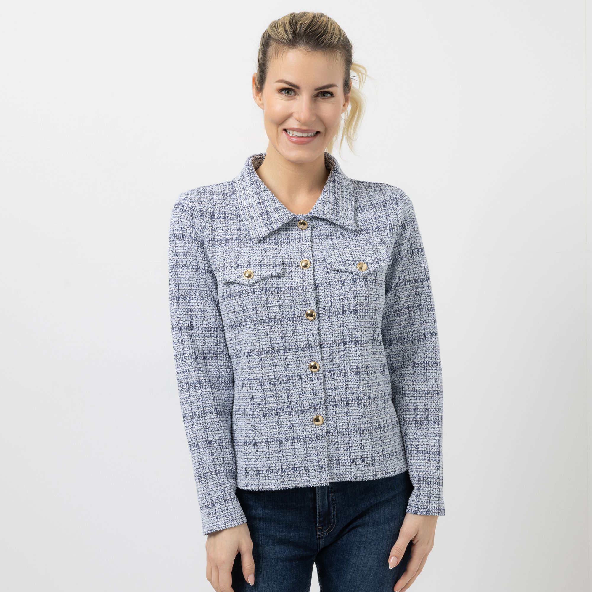 VIA MILANO Strickblazer, 1/1-Arm Polokragen Glanzgarn-Details ungefüttert