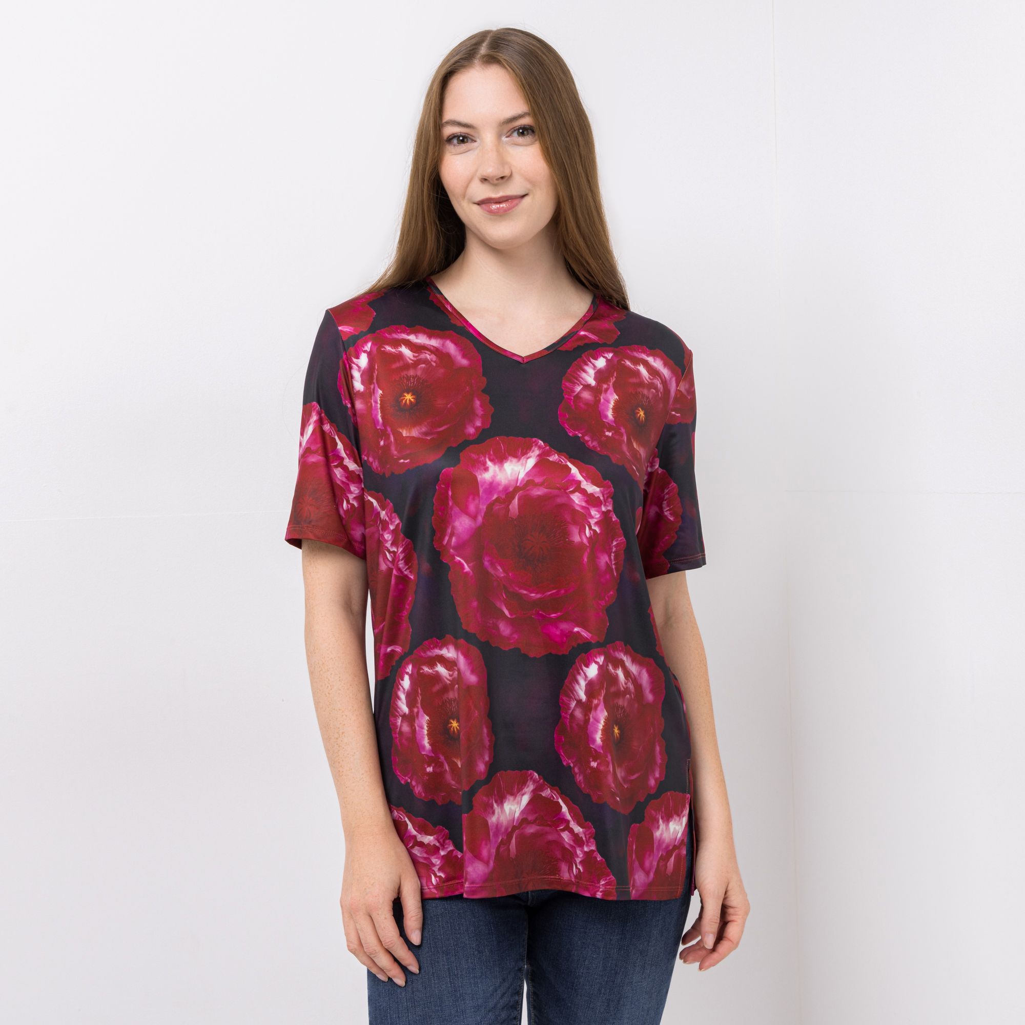 IN-PRINT Jersey-Shirt, 1/2-Arm V-Ausschnitt Seitenschlitze Leger weit