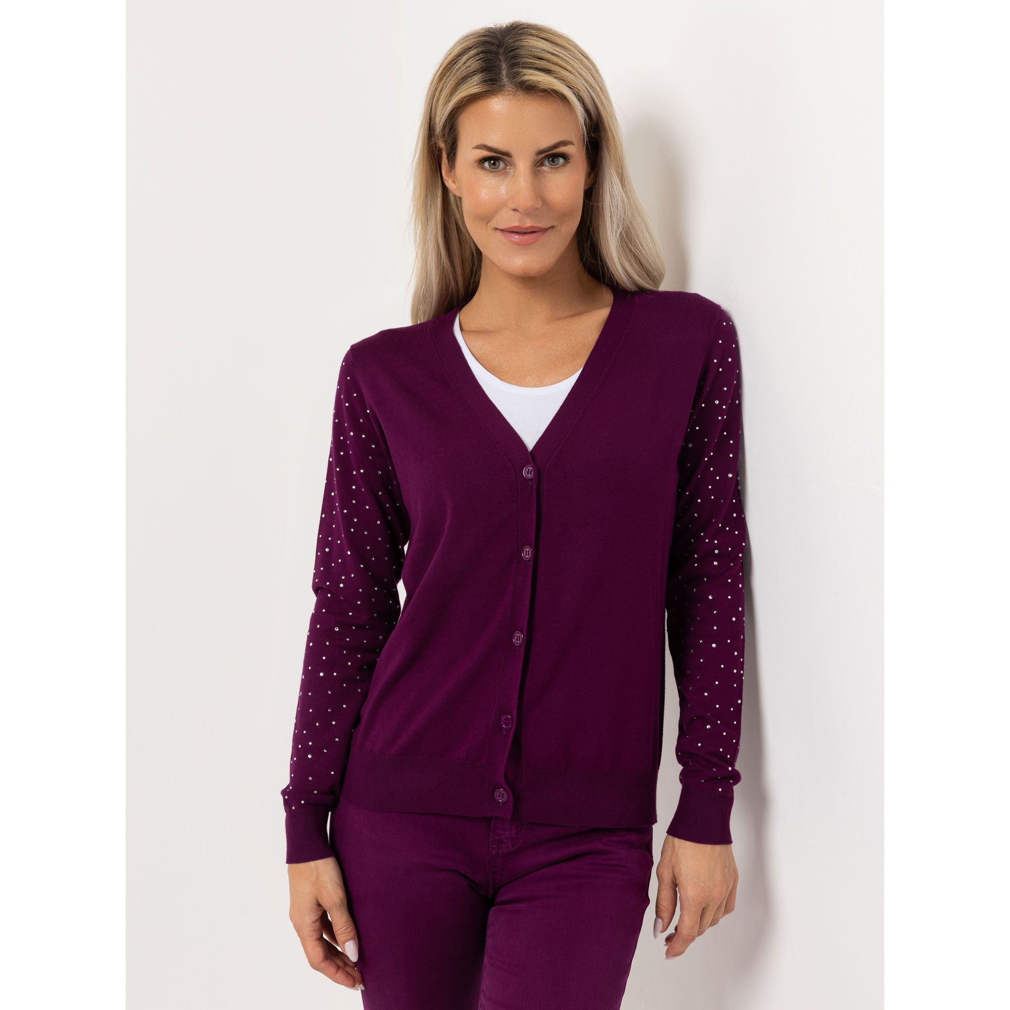 VIA MILANO Strickjacke, 1/1-Arm V-Ausschnitt Strass-Details figurumspielend