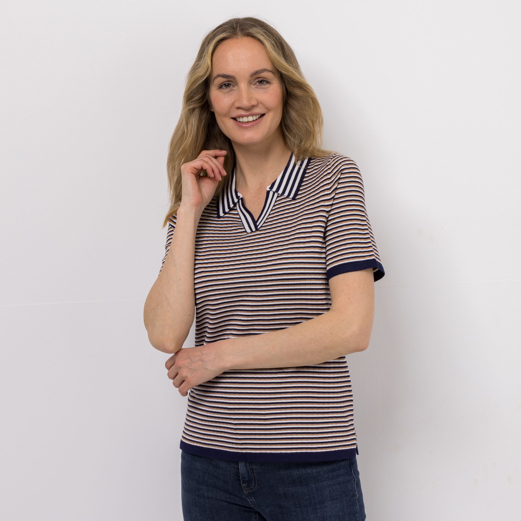 DENIM & CO. Shirt, 1/2-Arm Strick Polokragen Kontrastdetails