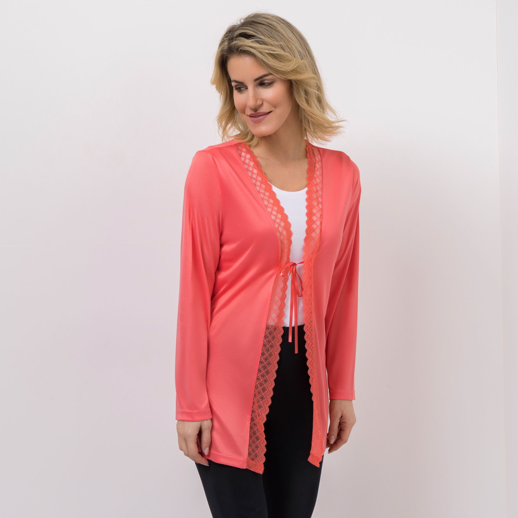 JERYMOOD HOMEWEAR Longcardigan, 1/1 Arm Mikrofaser Spitzendetails leger weit