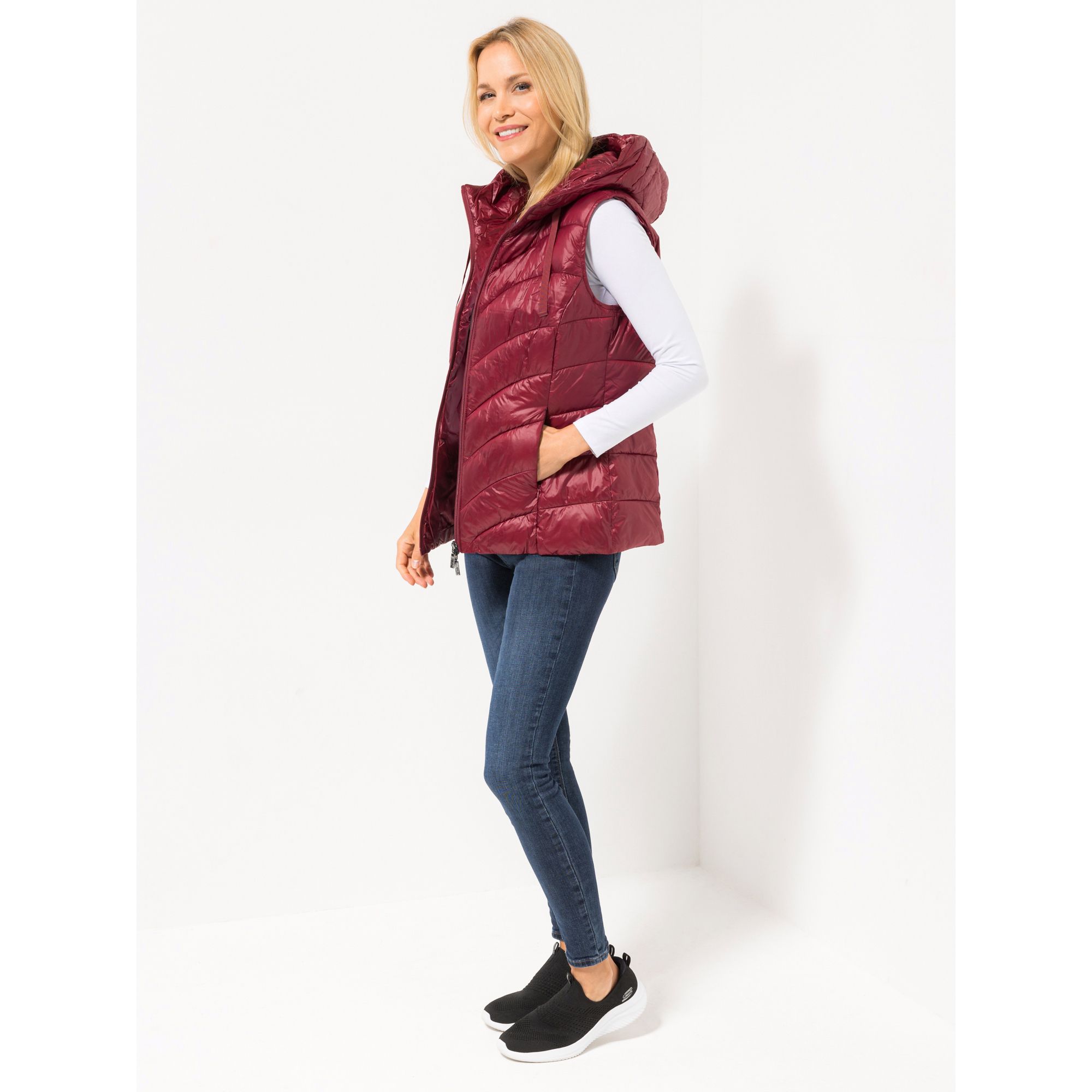 DENIM & CO. Steppweste Stehkragen mit Kapuze 2-Wege-Reißverschluss Bindeband