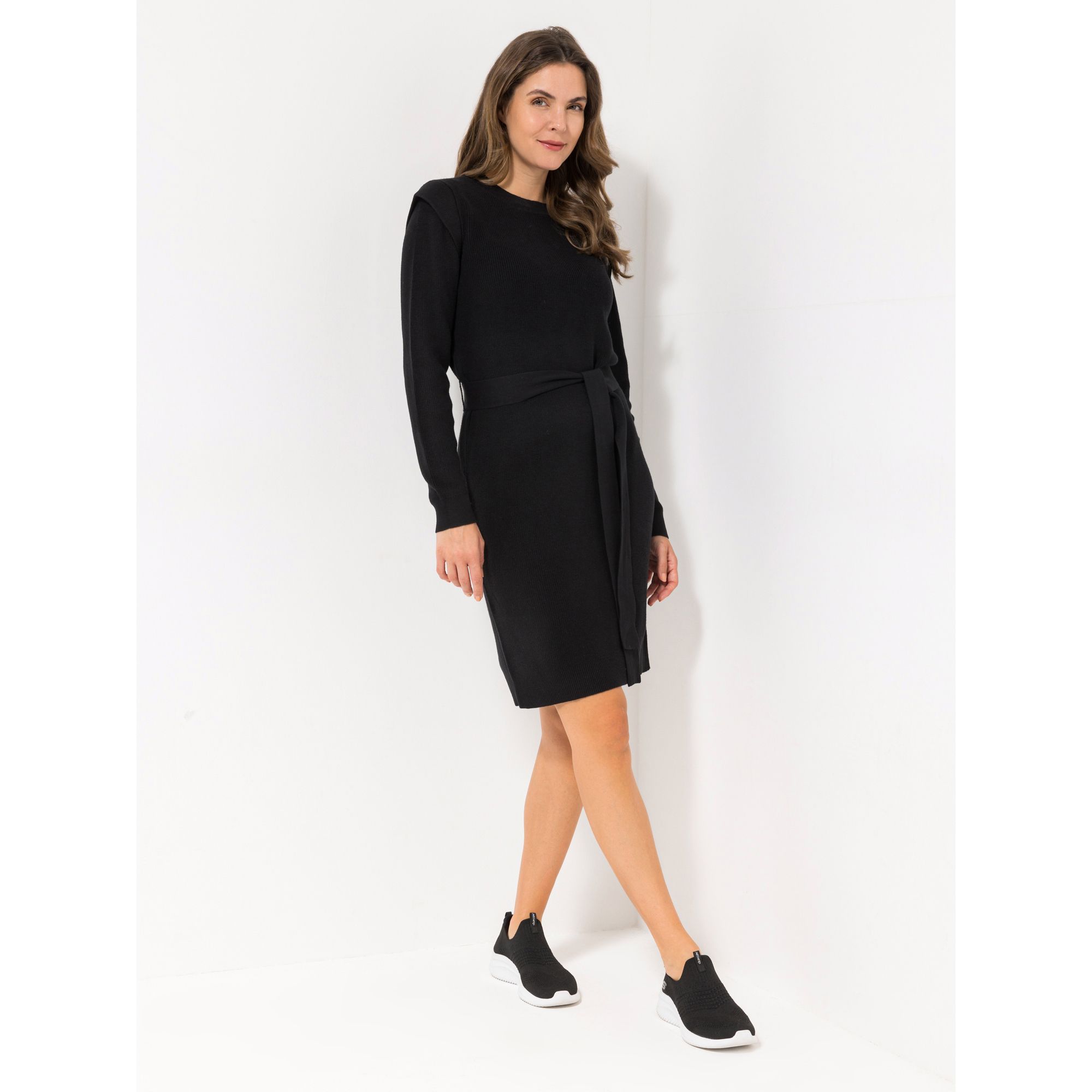 LOVELY SISTERS® Strickkleid, 1/1-Arm Rundhalsausschnitt Bindegürtel Schulterdetails