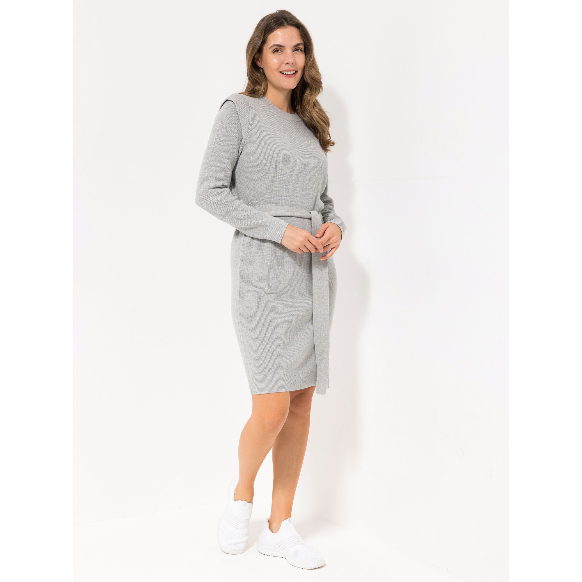 LOVELY SISTERS® Strickkleid, 1/1-Arm Rundhalsausschnitt Bindegürtel Schulterdetails