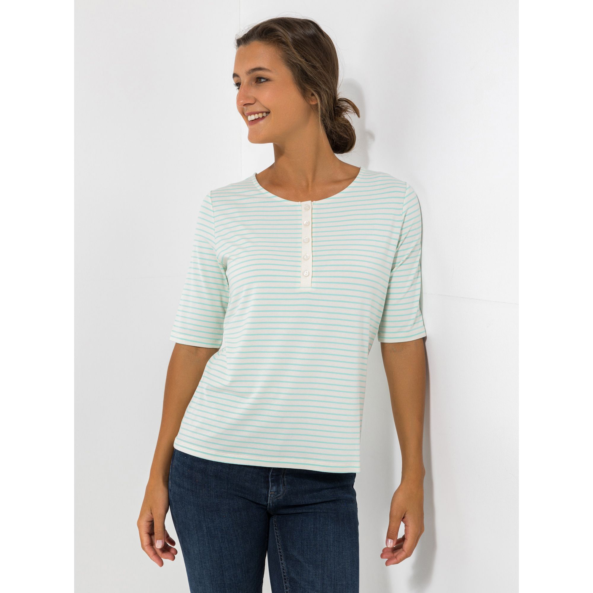 DENIM & CO. Shirt, 1/2- Arm Rundhalsausschnitt Knopfleiste figurumspielend