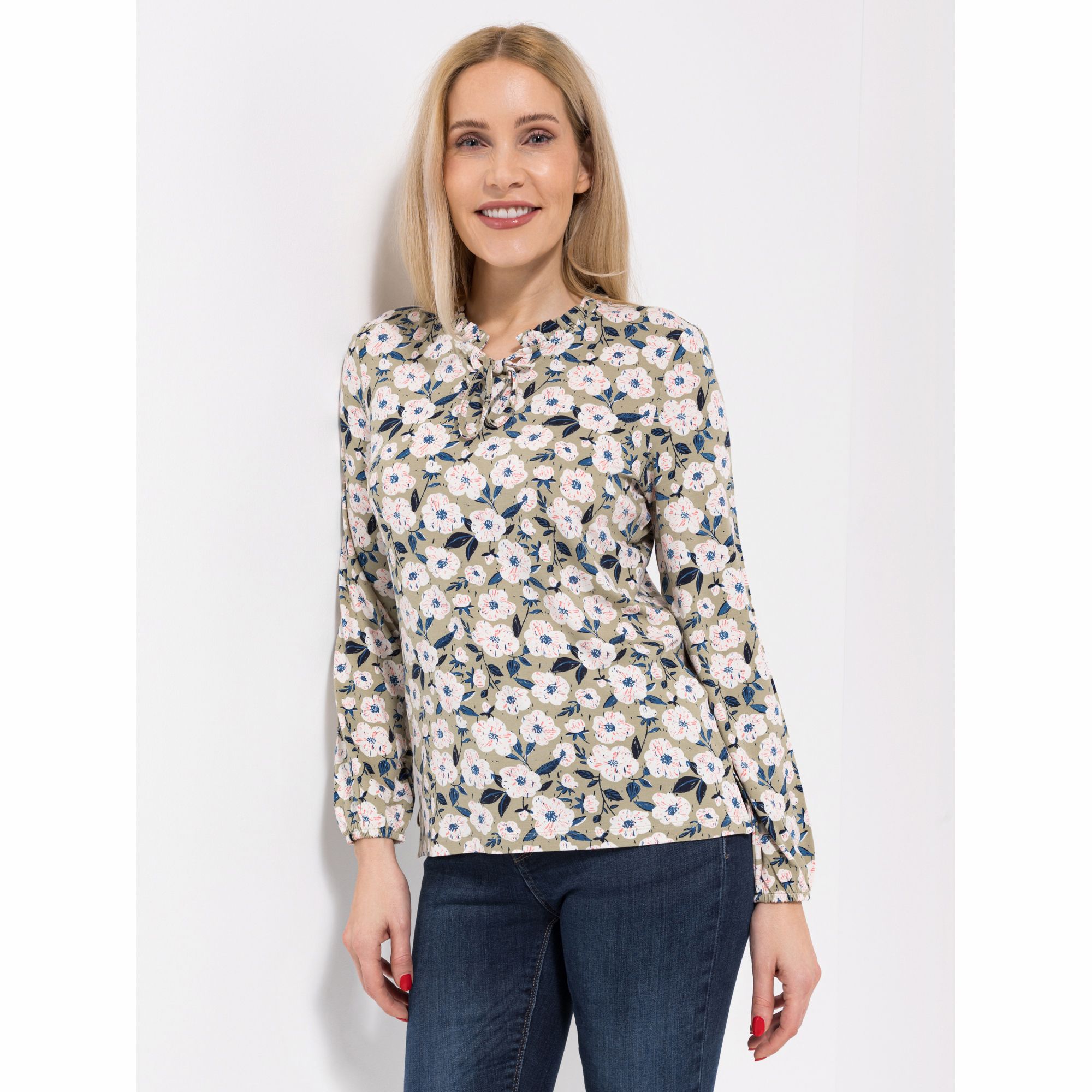 DENIM & CO. Shirt, 1/1-Arm Rüschenkragen Bindeband mit ECOVERO Viskose