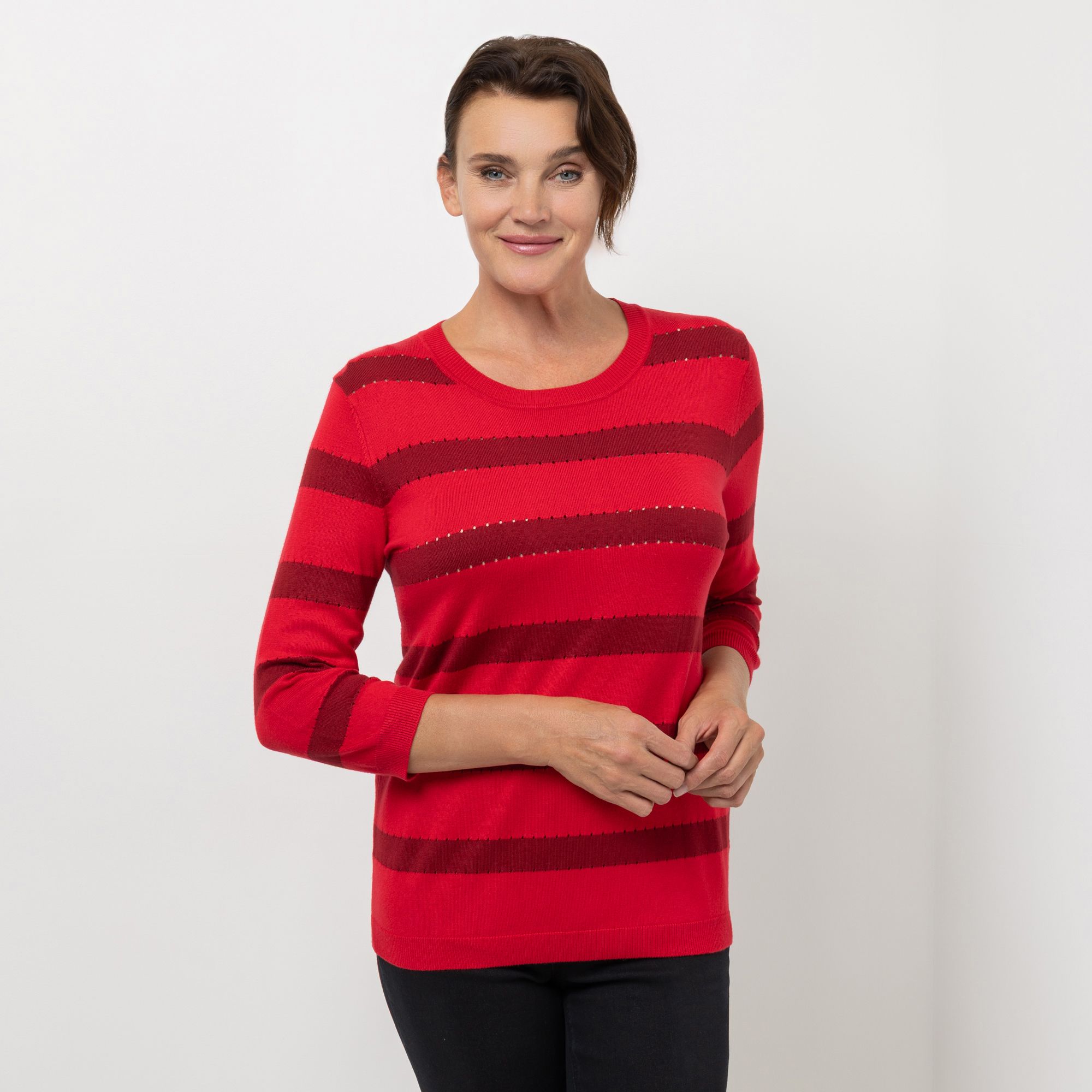 DENIM & CO. Pullover, 3/4-Arm Rundhalsausschnitt Feinstrick figurumspielend