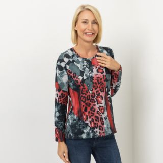 DENIM & CO. Pullover Rundhalsausschnitt Allover-Druck figurumspielend