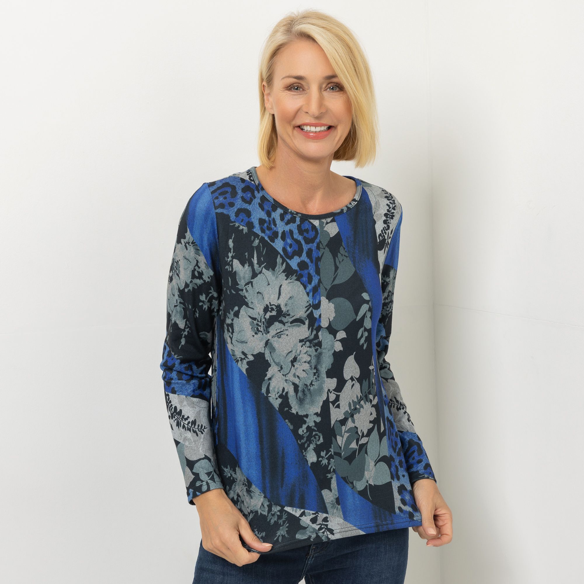 DENIM & CO. Pullover Rundhalsausschnitt Allover-Druck figurumspielend