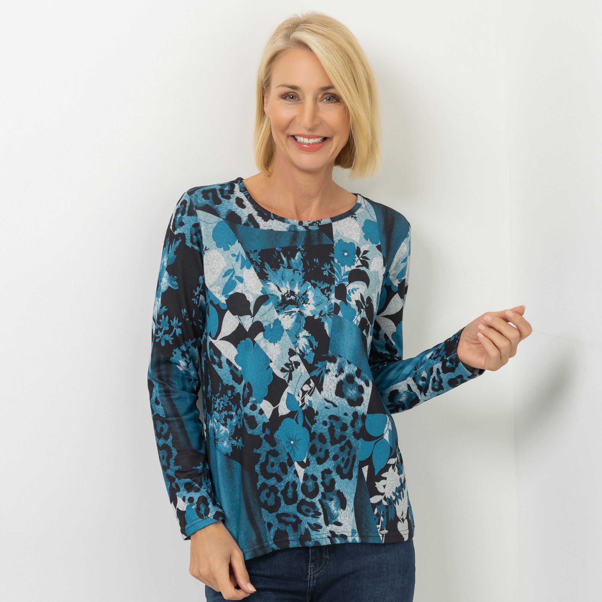 DENIM & CO. Pullover Rundhalsausschnitt Allover-Druck figurumspielend
